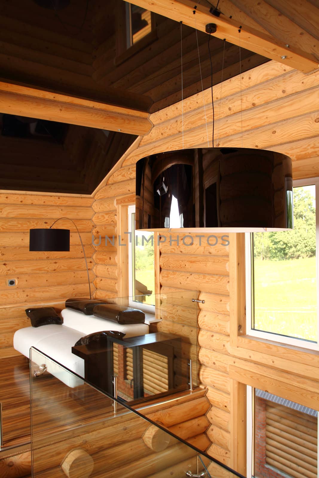 Spacious hall in the wooden house, executed in style hight-tech