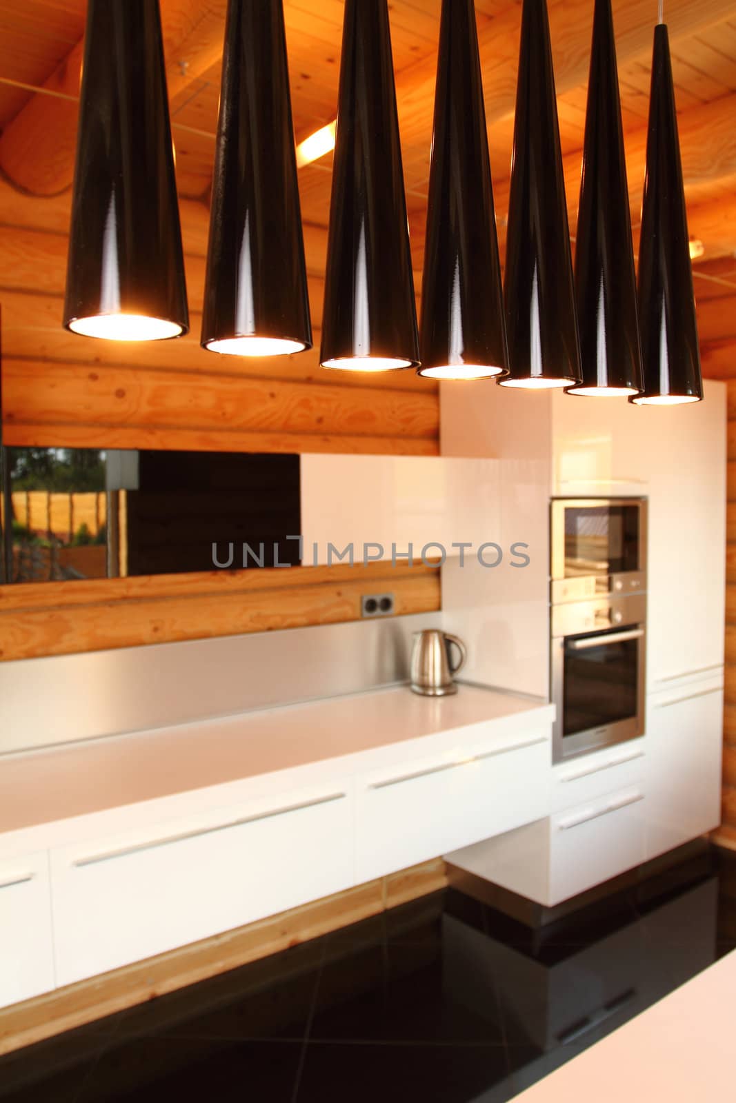 Wide kitchen in the wooden house, executed in style hight-tech