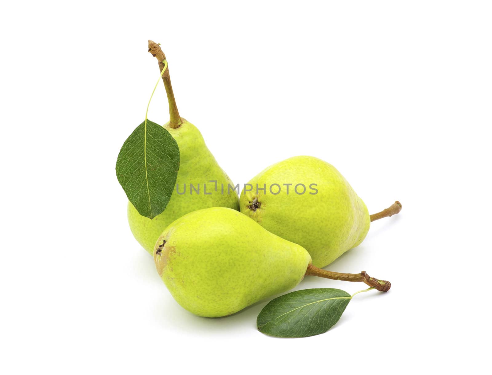 ripe fresh green pear with leaf isolated on white