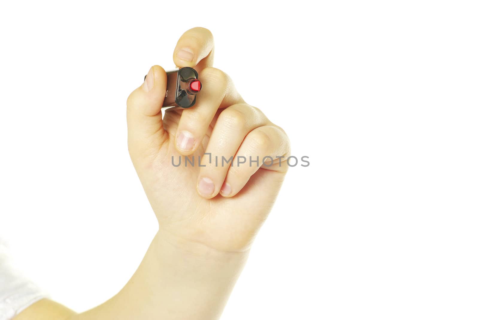 Hand with marker isolated on white background