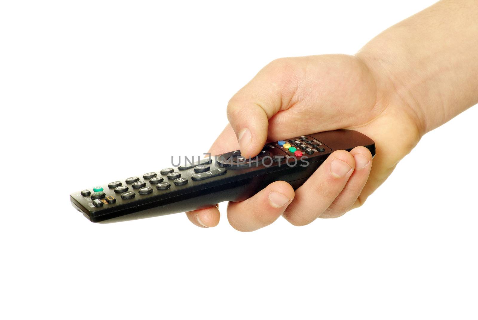 remote control in hand isolated on white background
