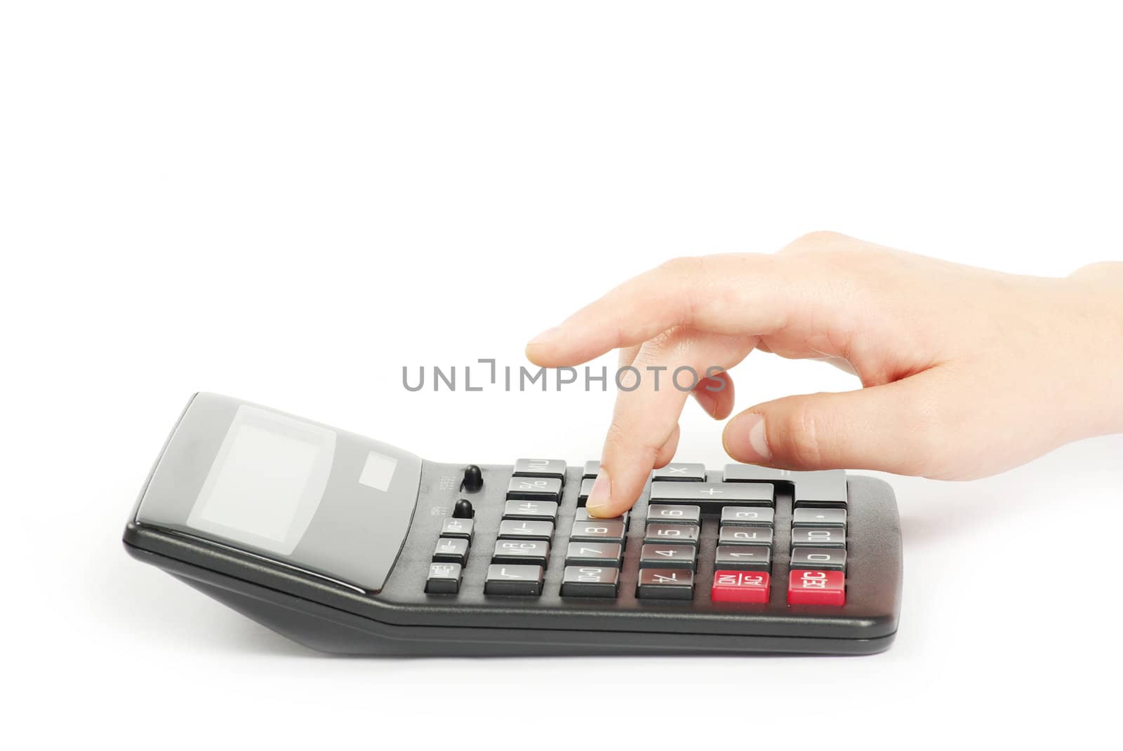 calculator with hand isolated on white