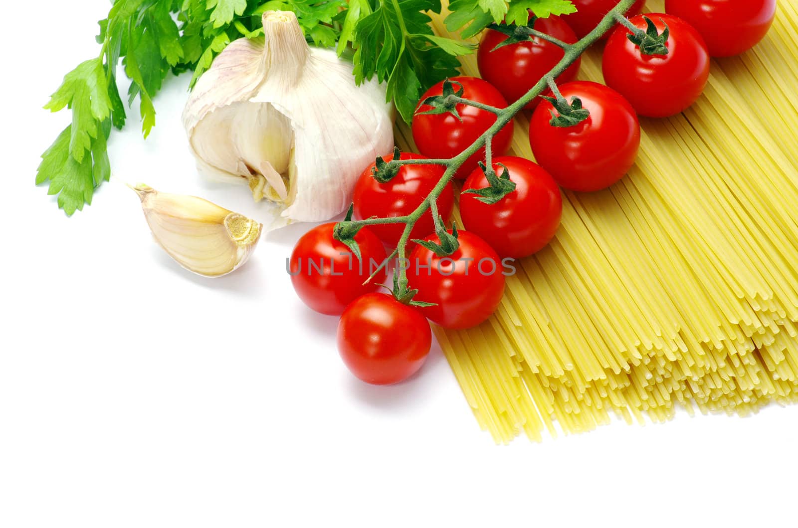 pasta with tomatoes on a white background