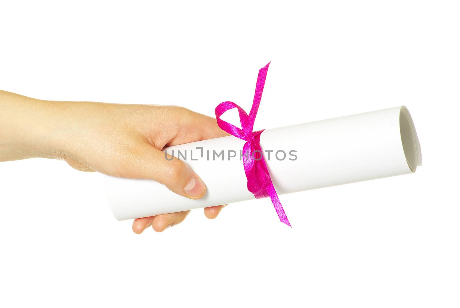 Diploma with a red ribbon in hand isolated on white 
