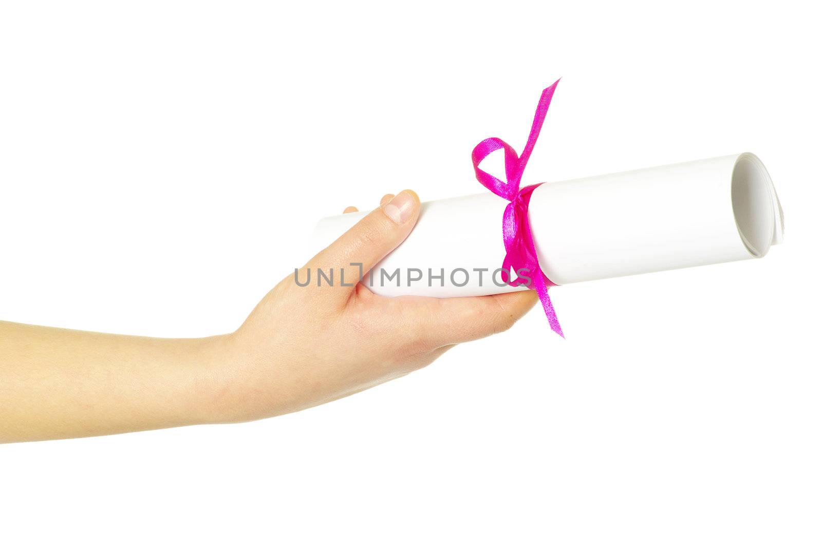 Diploma with a red ribbon in hand isolated on white 
