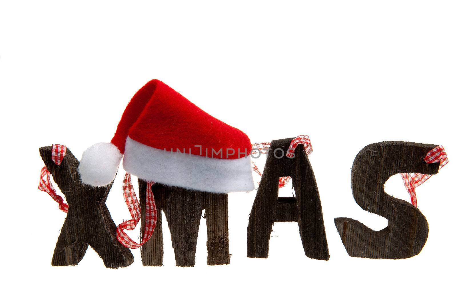 wooden word "xmas" with a hat