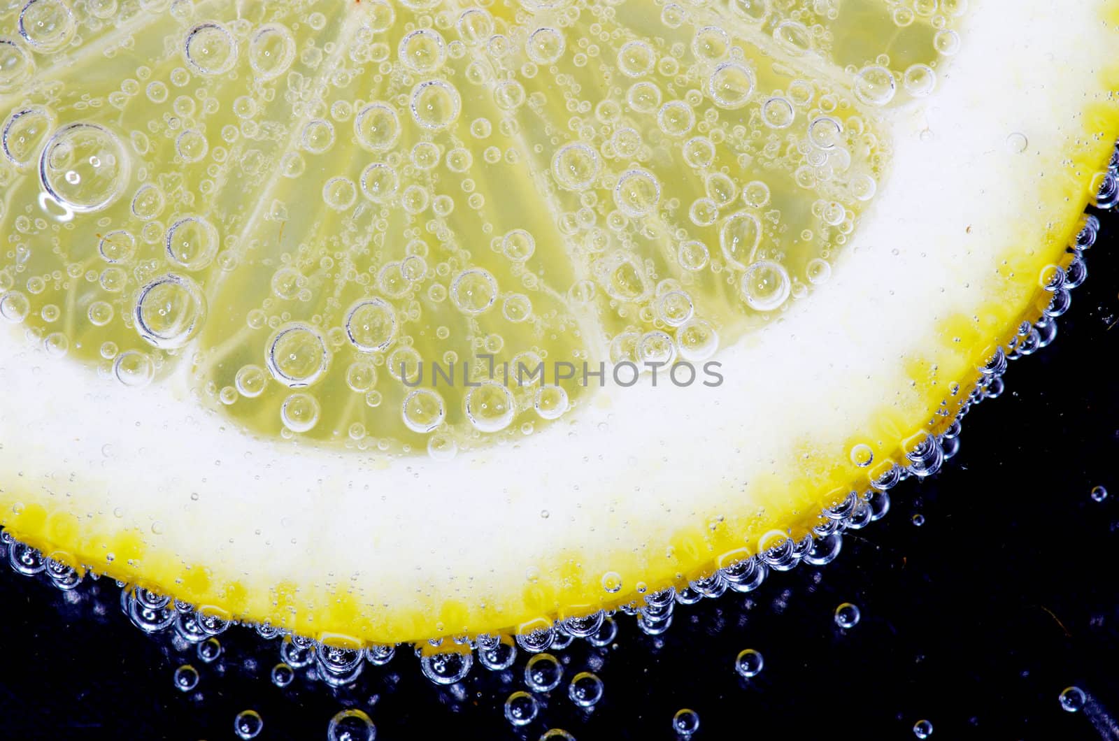 Close-up of a lemon slice with bubbles