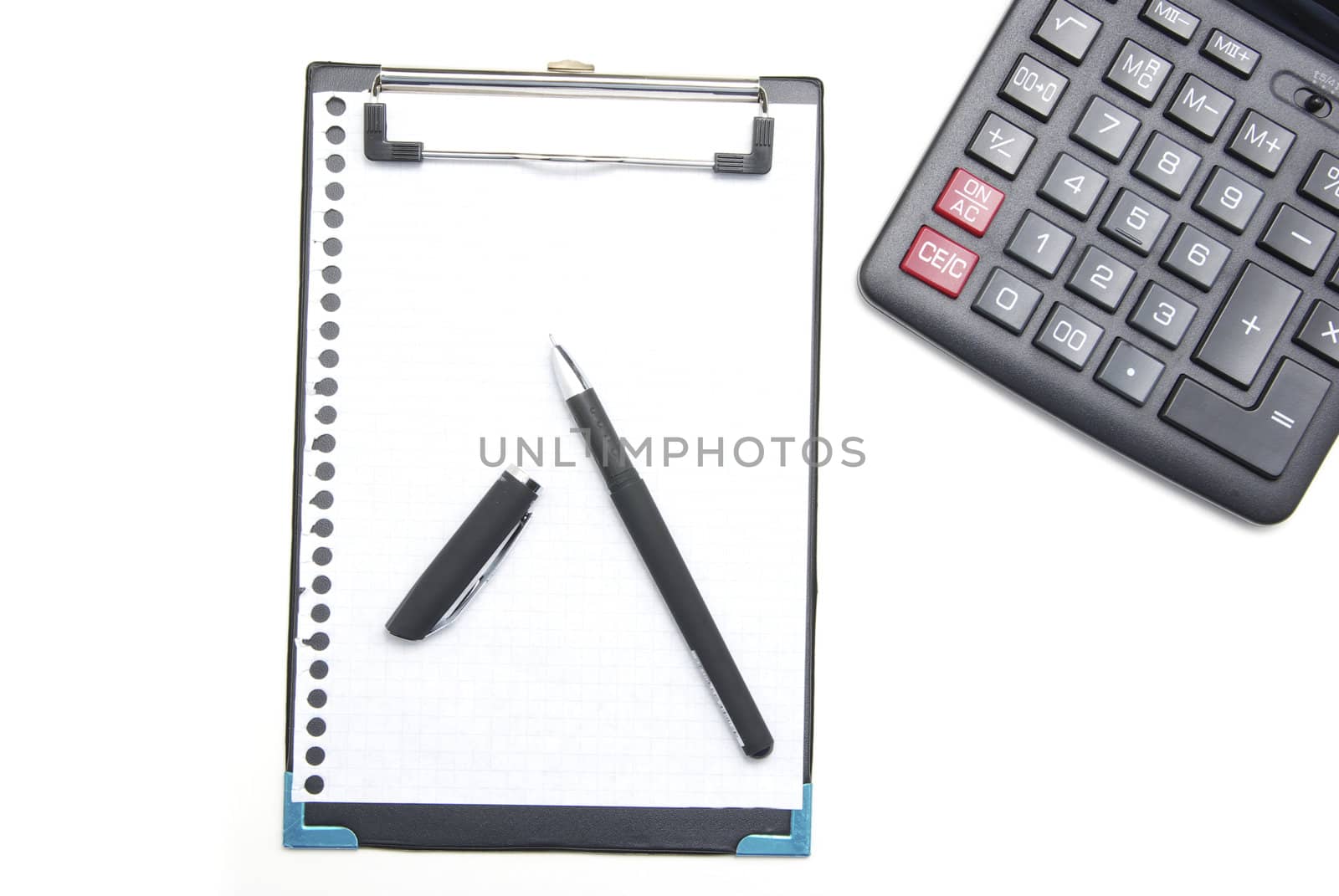 calculator and pen on a white background