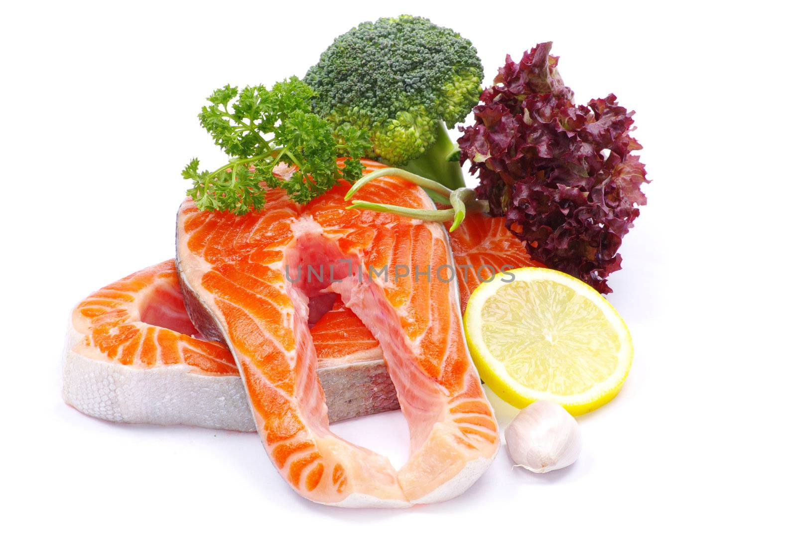 raw salmon and spices isolated