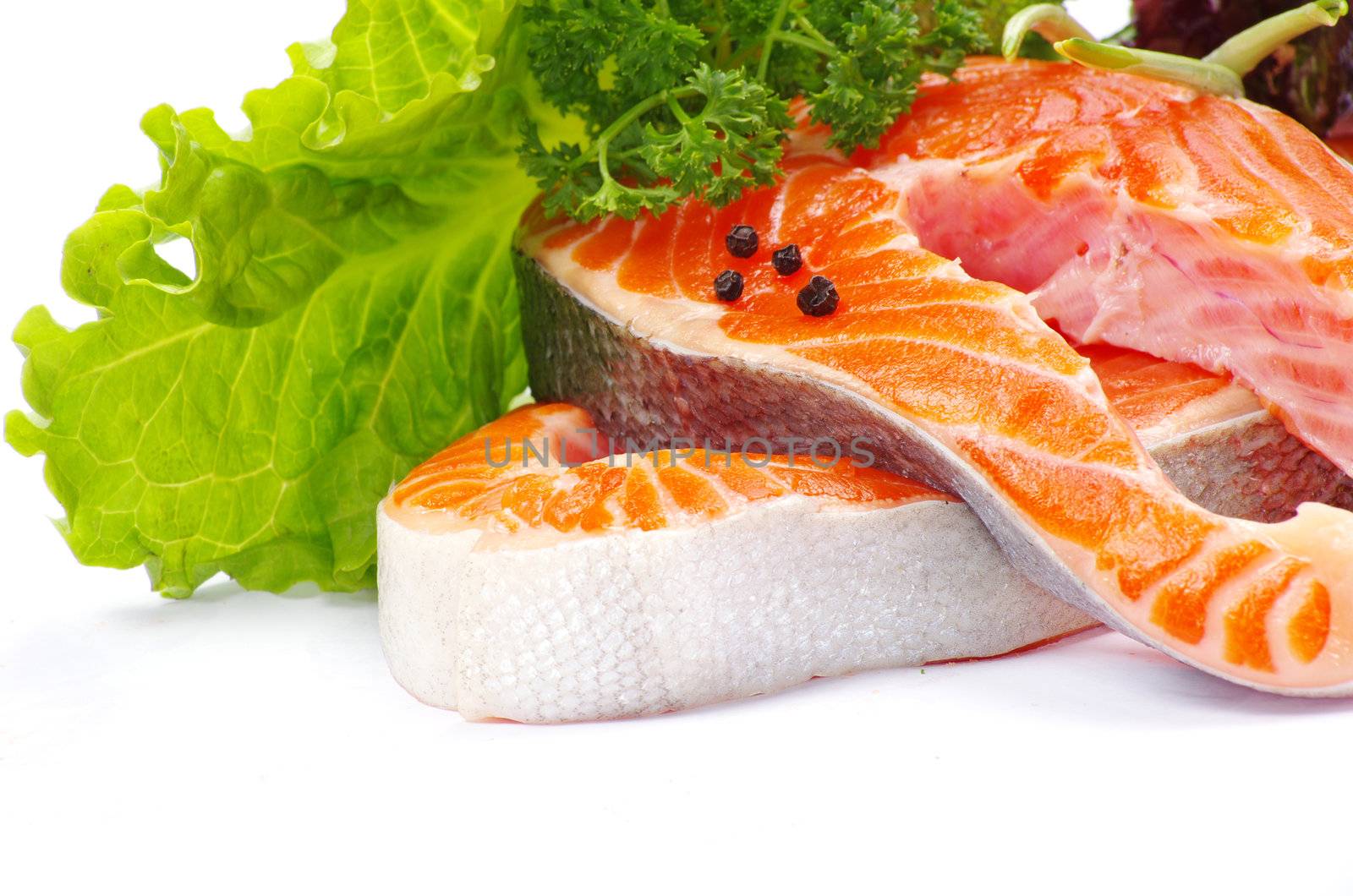 raw salmon and spices isolated