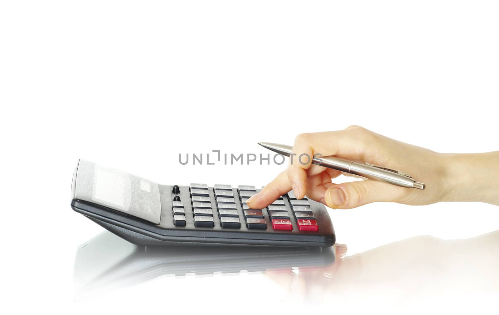calculator with hand isolated on white