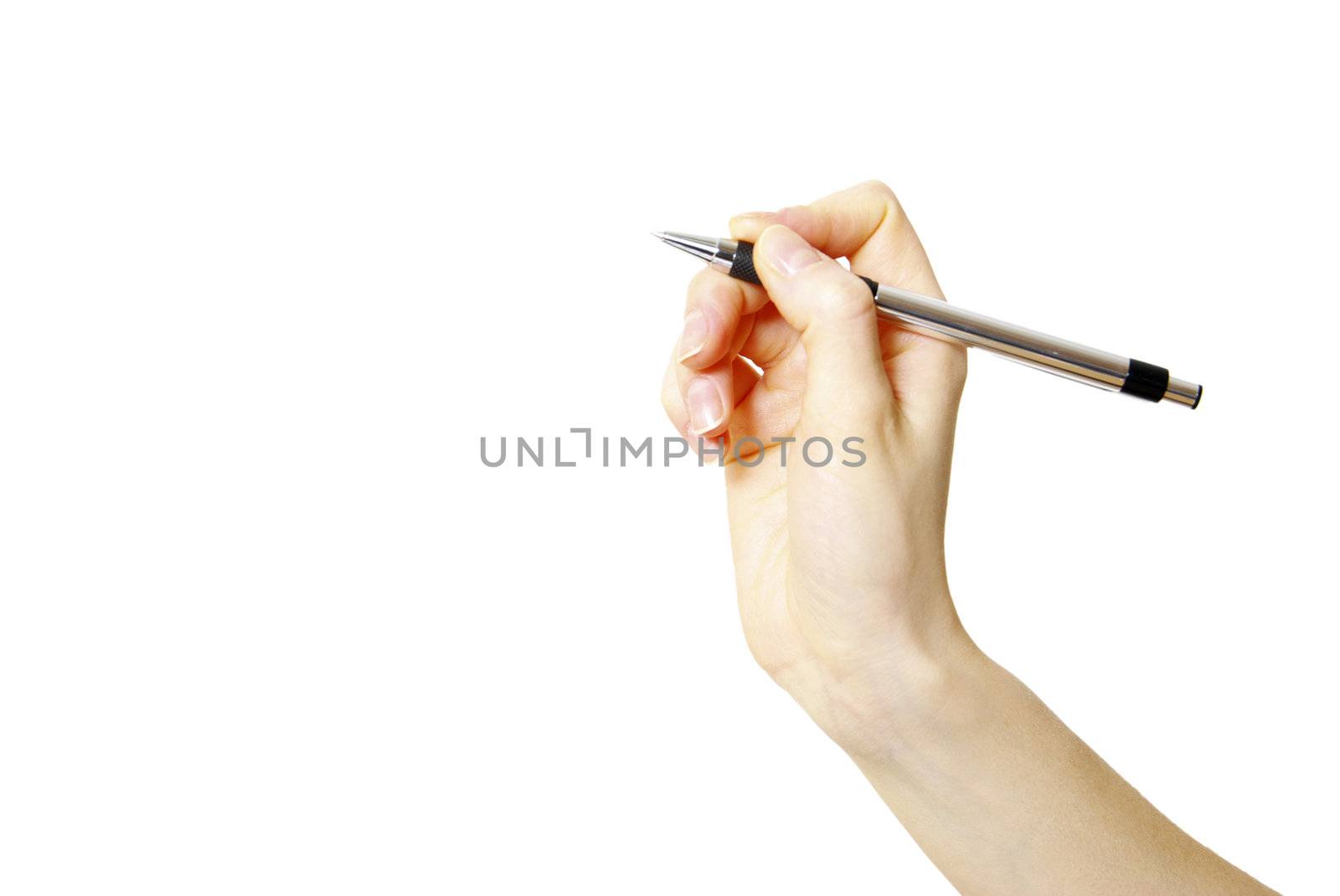 pen in woman hand isolated on white background 