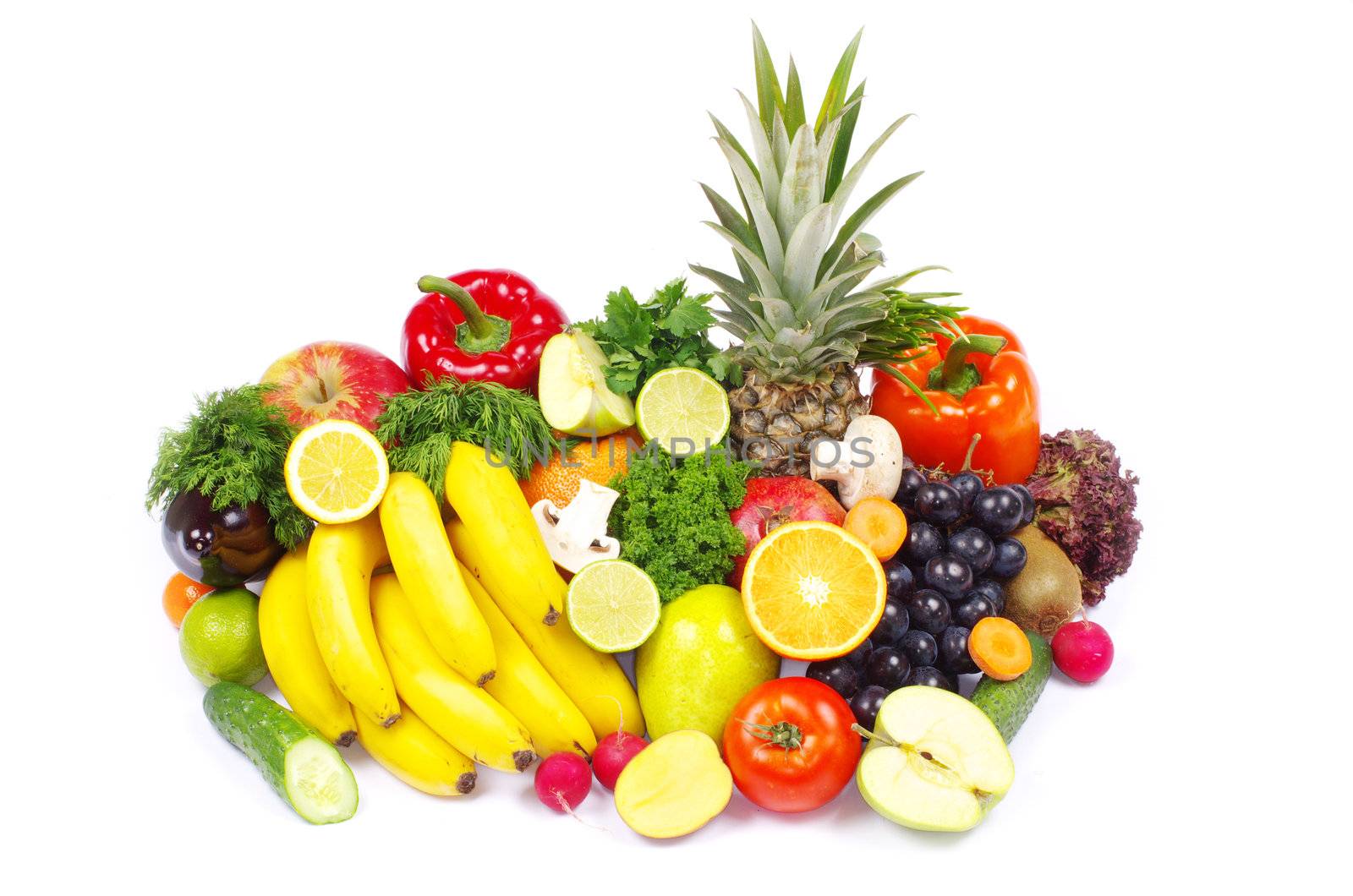 Fresh fruits and vegetables isolated on white