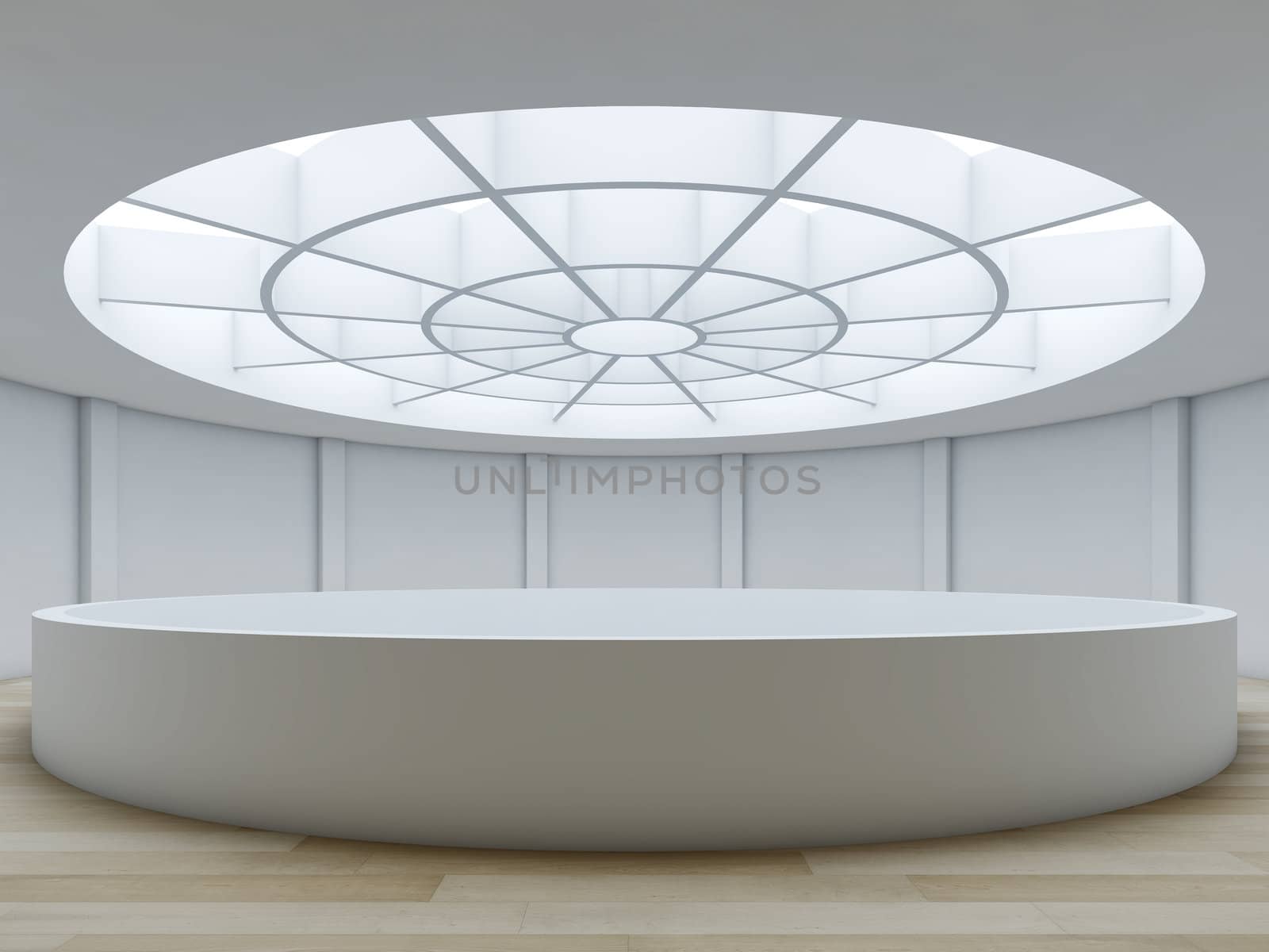 A 3D illustration of contemporary minimalist interior with atrium.