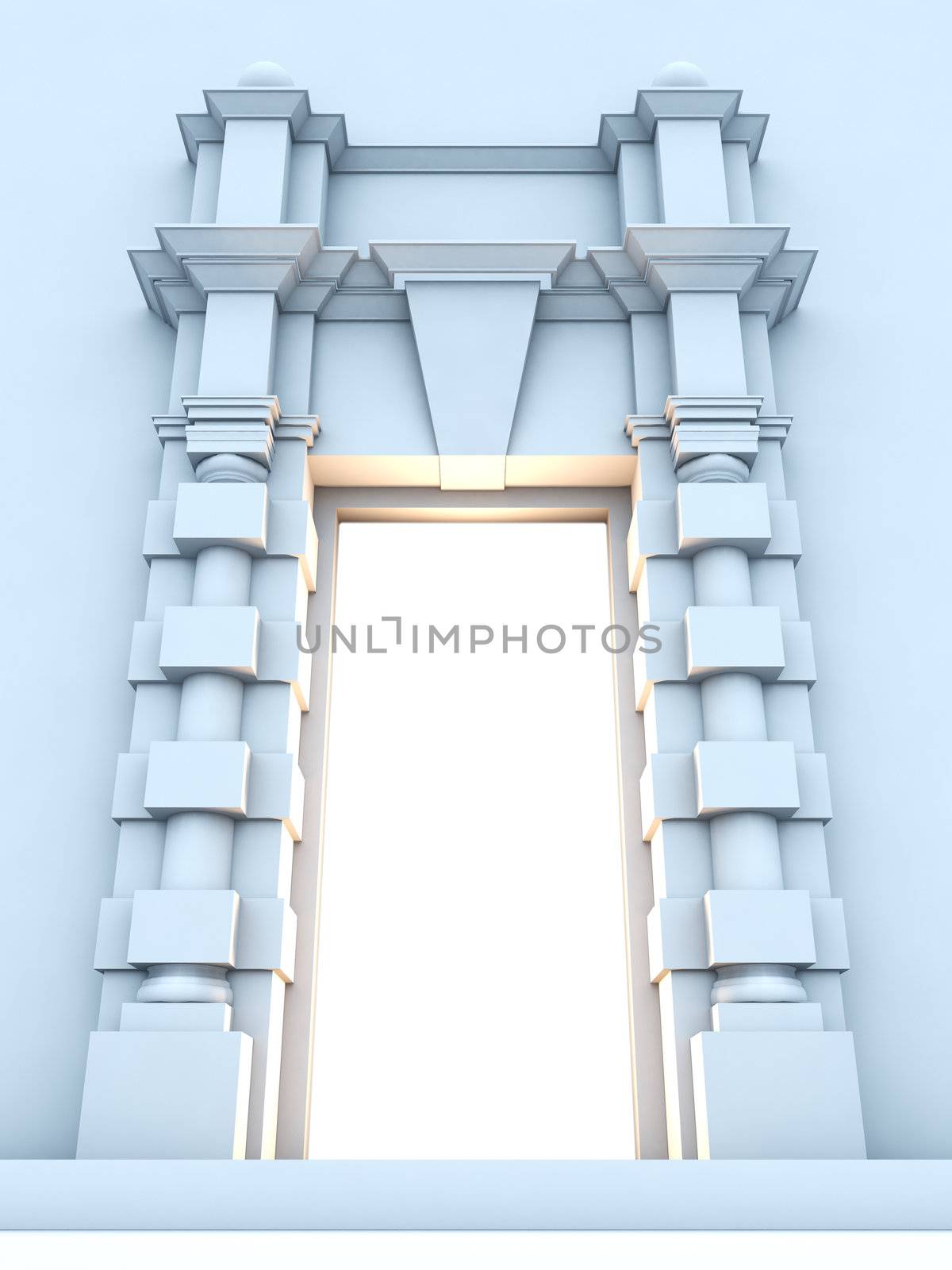 A 3D illustration of classical portal with light inside.