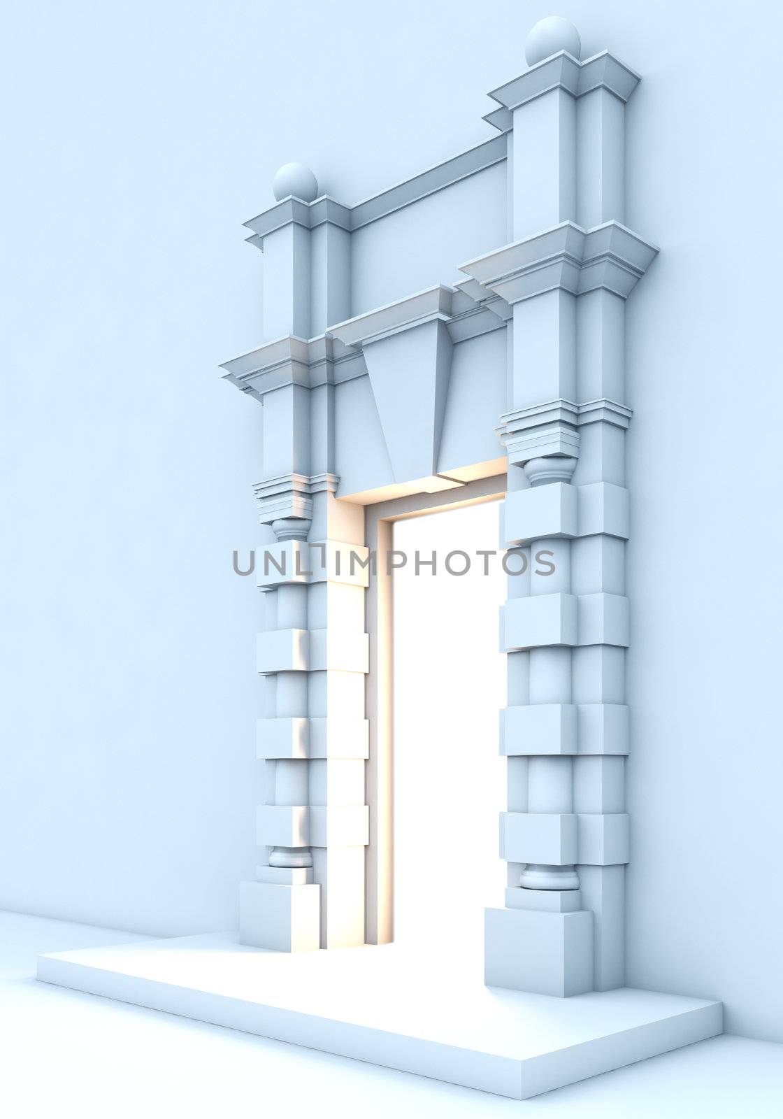 A 3D illustration of classical portal with light inside.