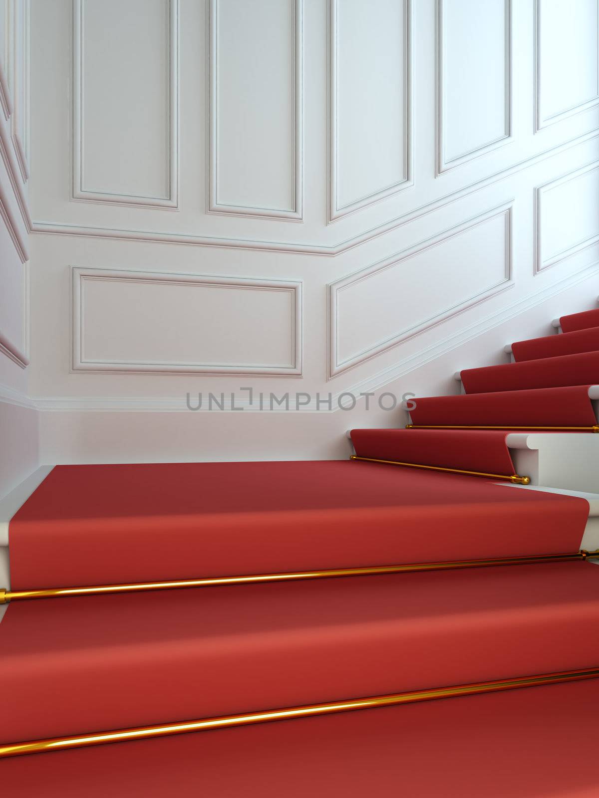 A 3D illustration of a classical staircase with a red carpet.