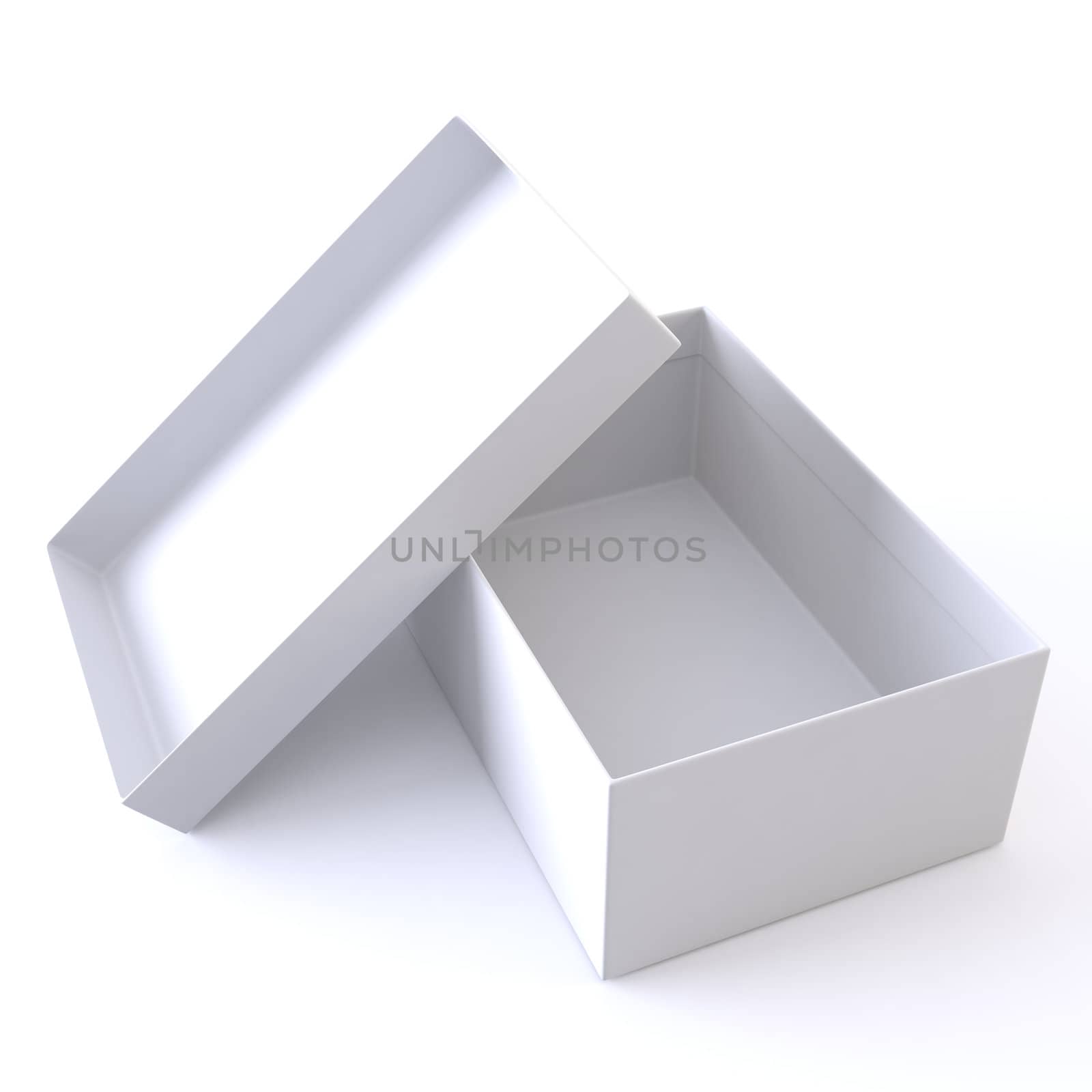 A 3D illustration of white opened empty box.