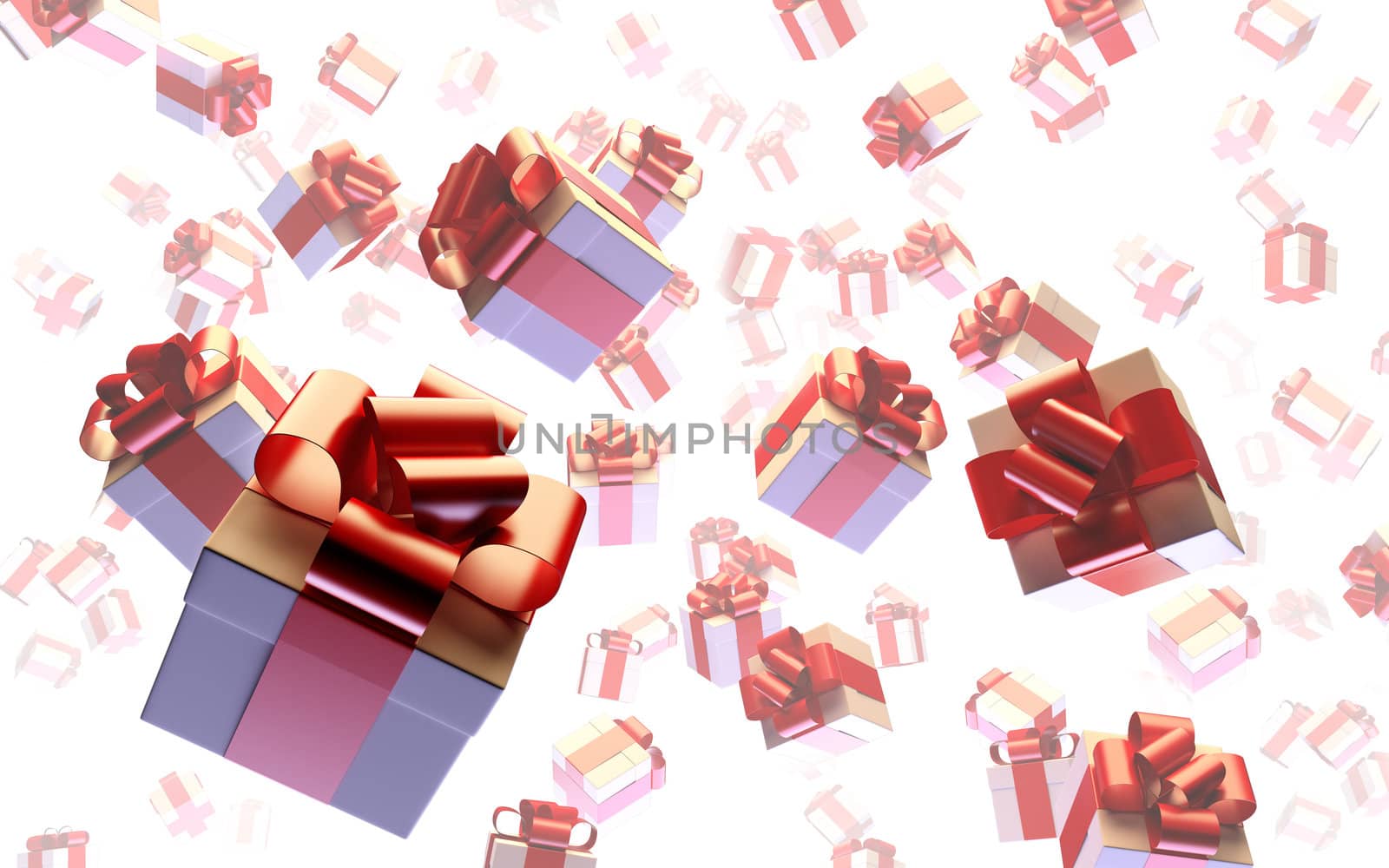 A 3d illustration of flying gifts.