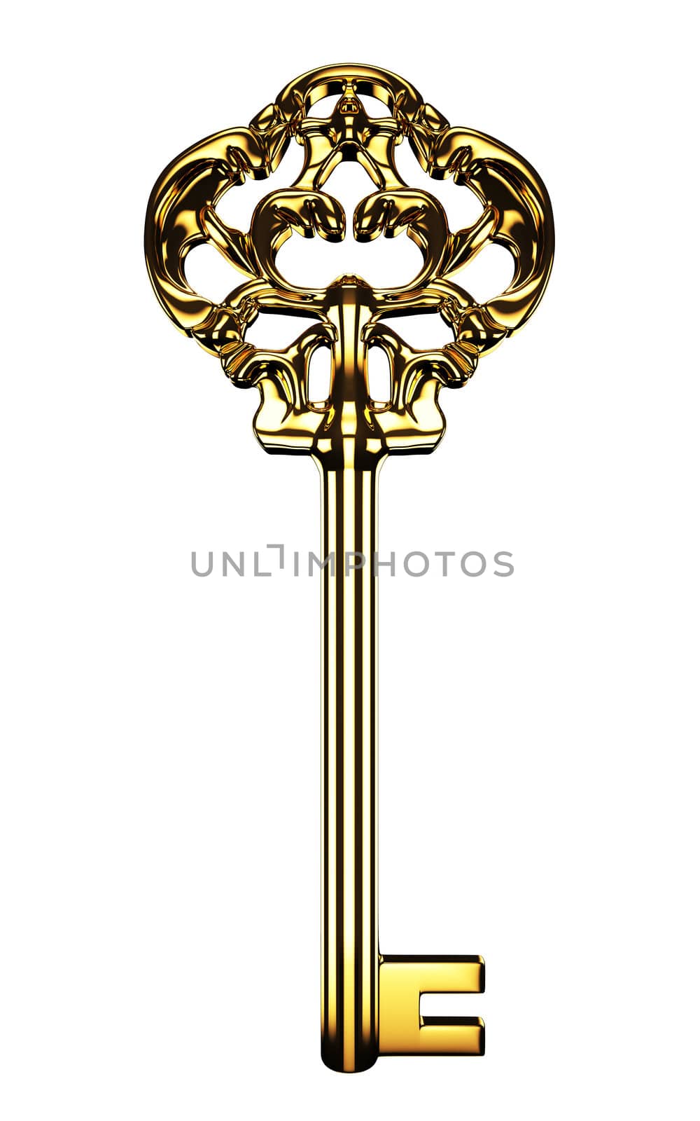 Old golden key isolated on white background.