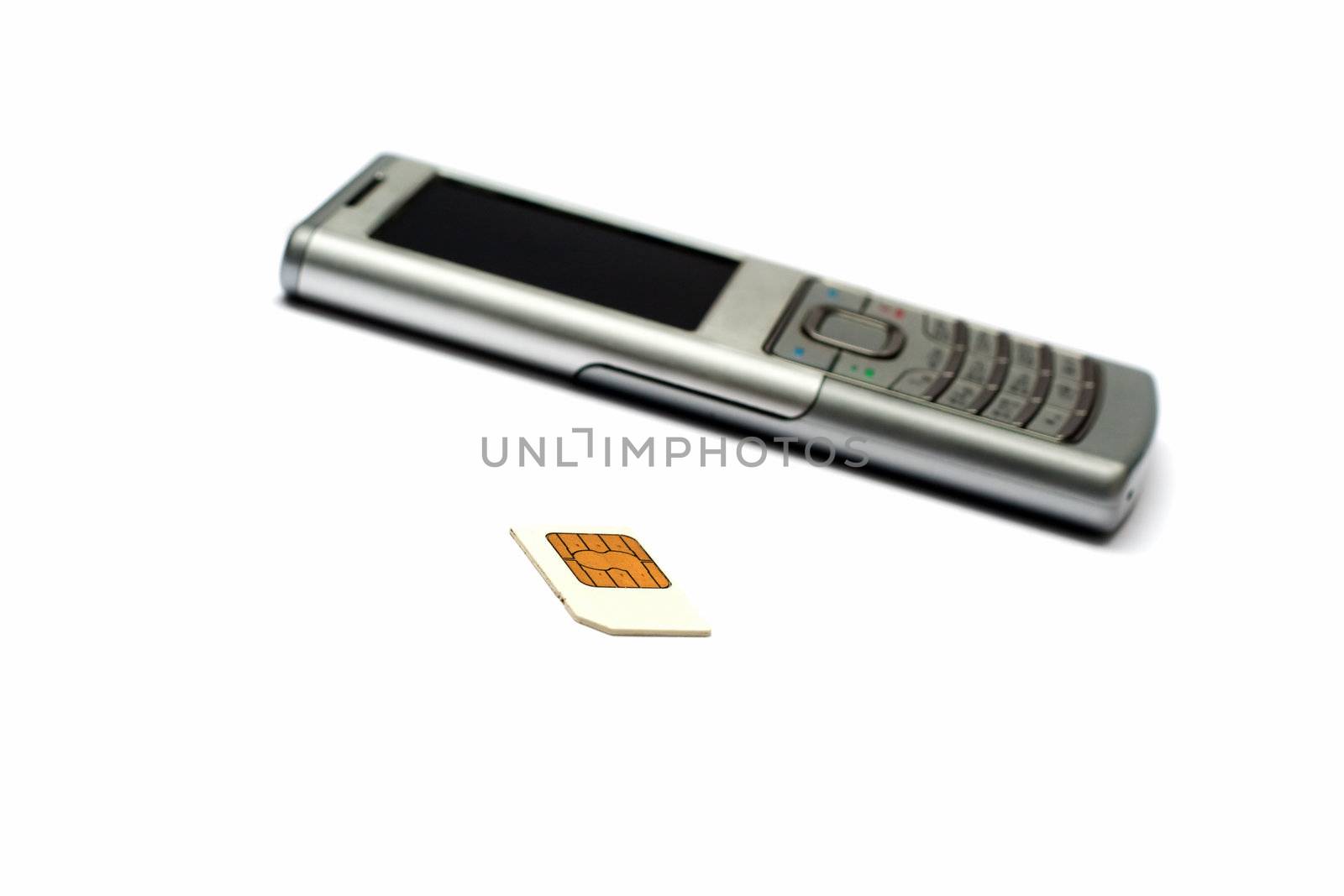 Phone and SIM card on a white background