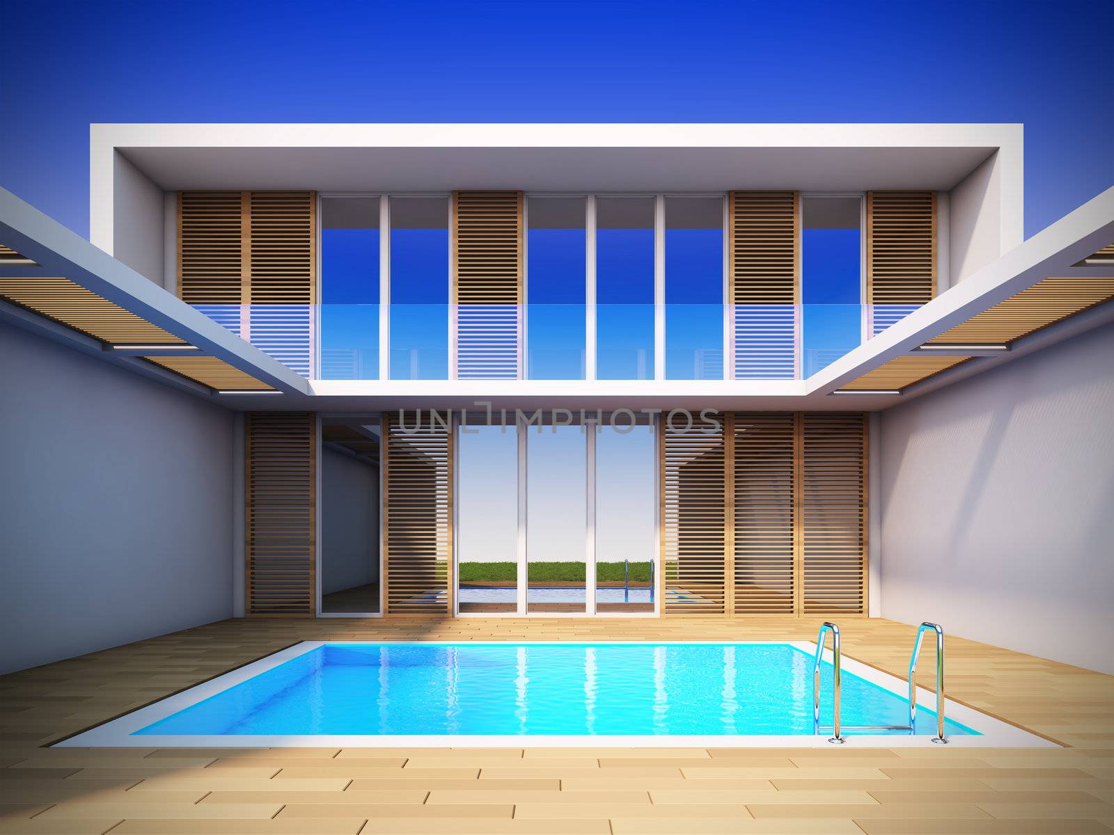 A 3D illustration of modern house in minimalist style.