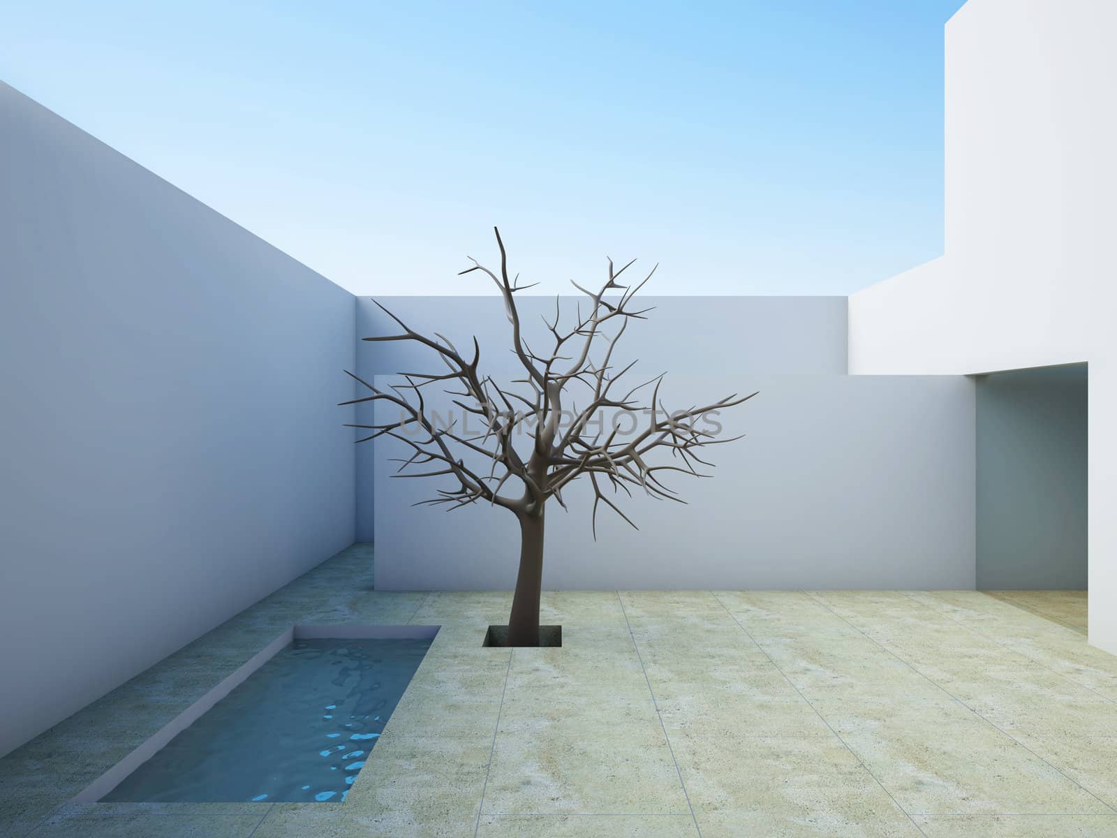 A 3D illustration of the modern patio with swiming pool and tree.