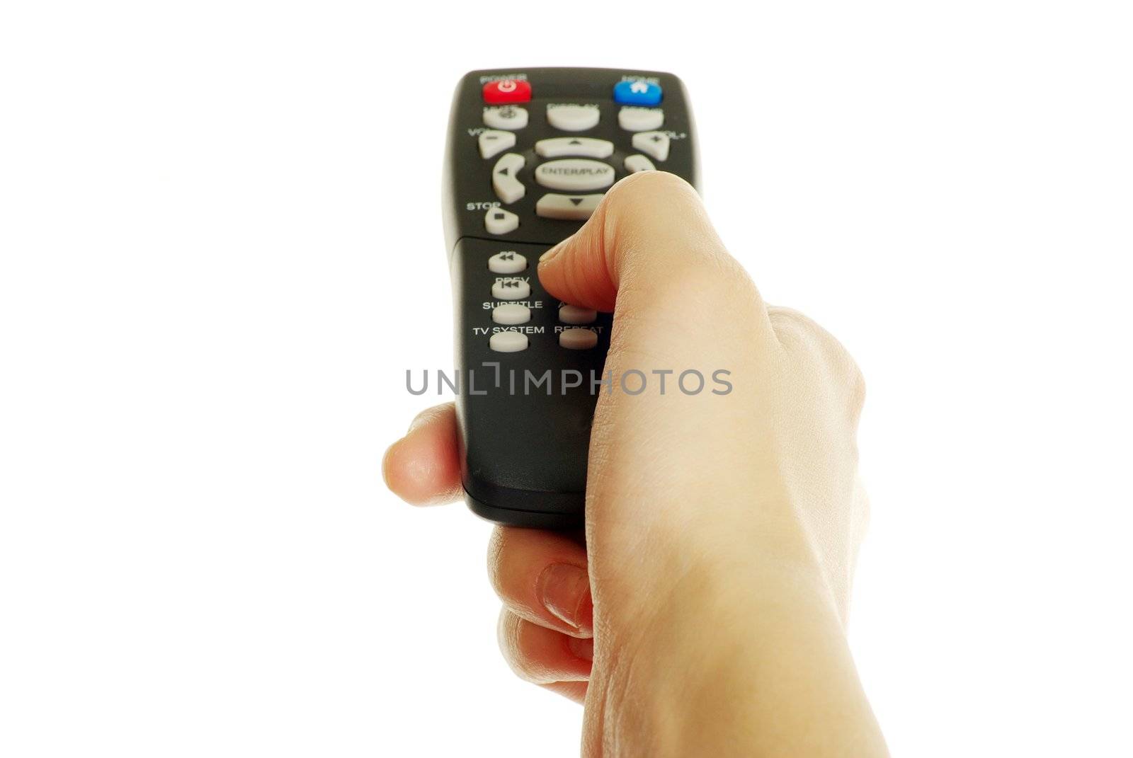 remote control in hand isolated on white background