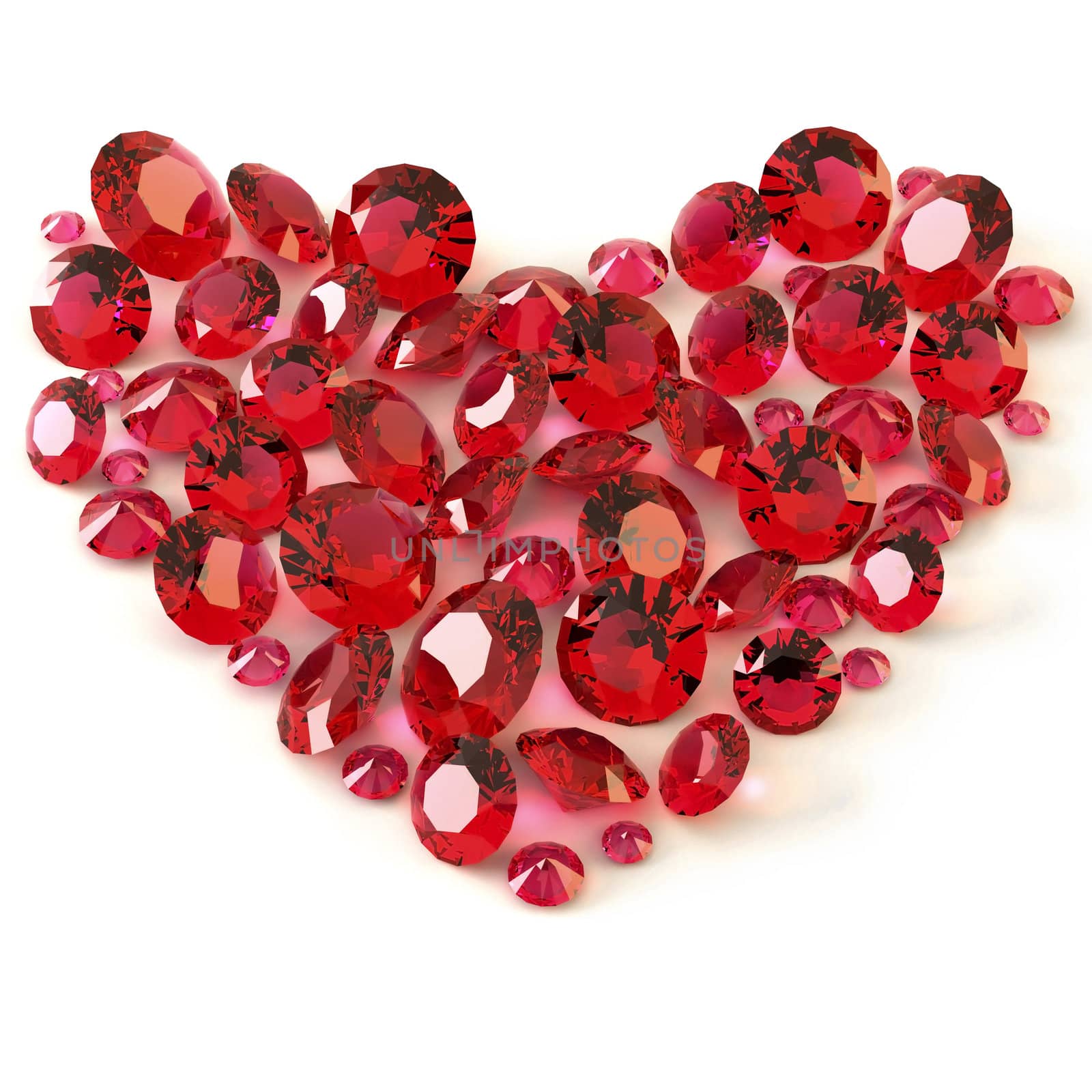 Heart of rubies on white background