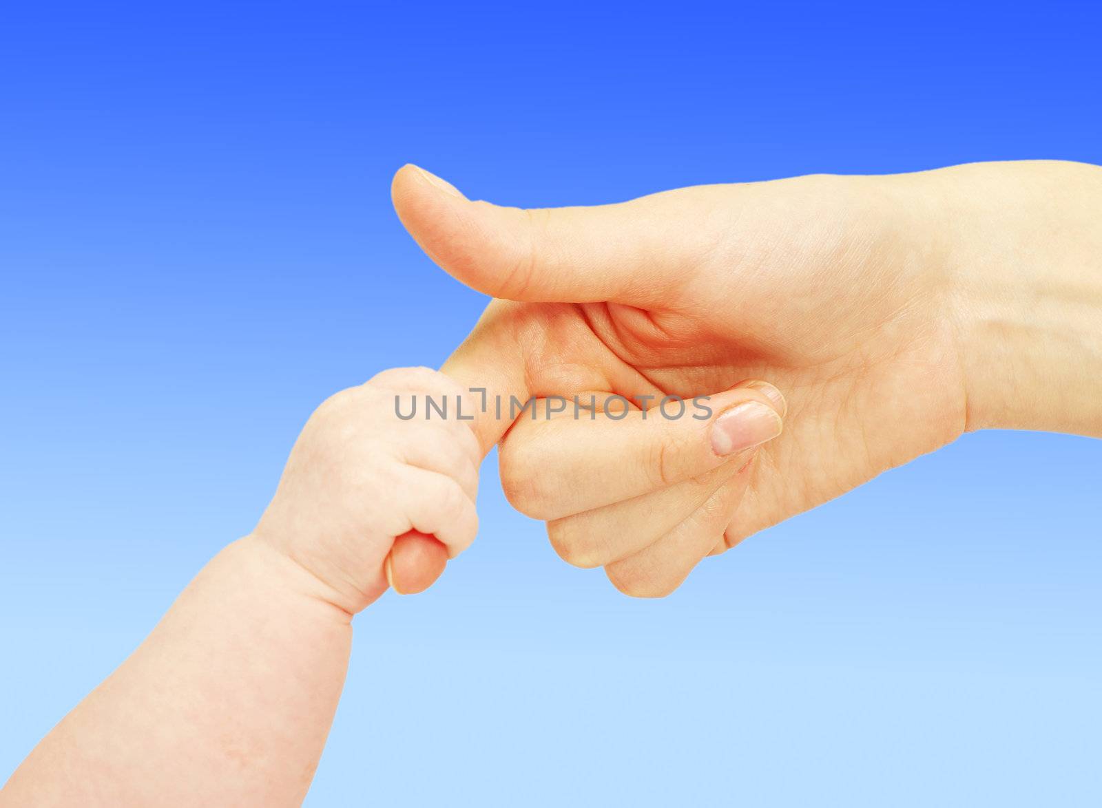 Baby hand holding mother finger isolated on white