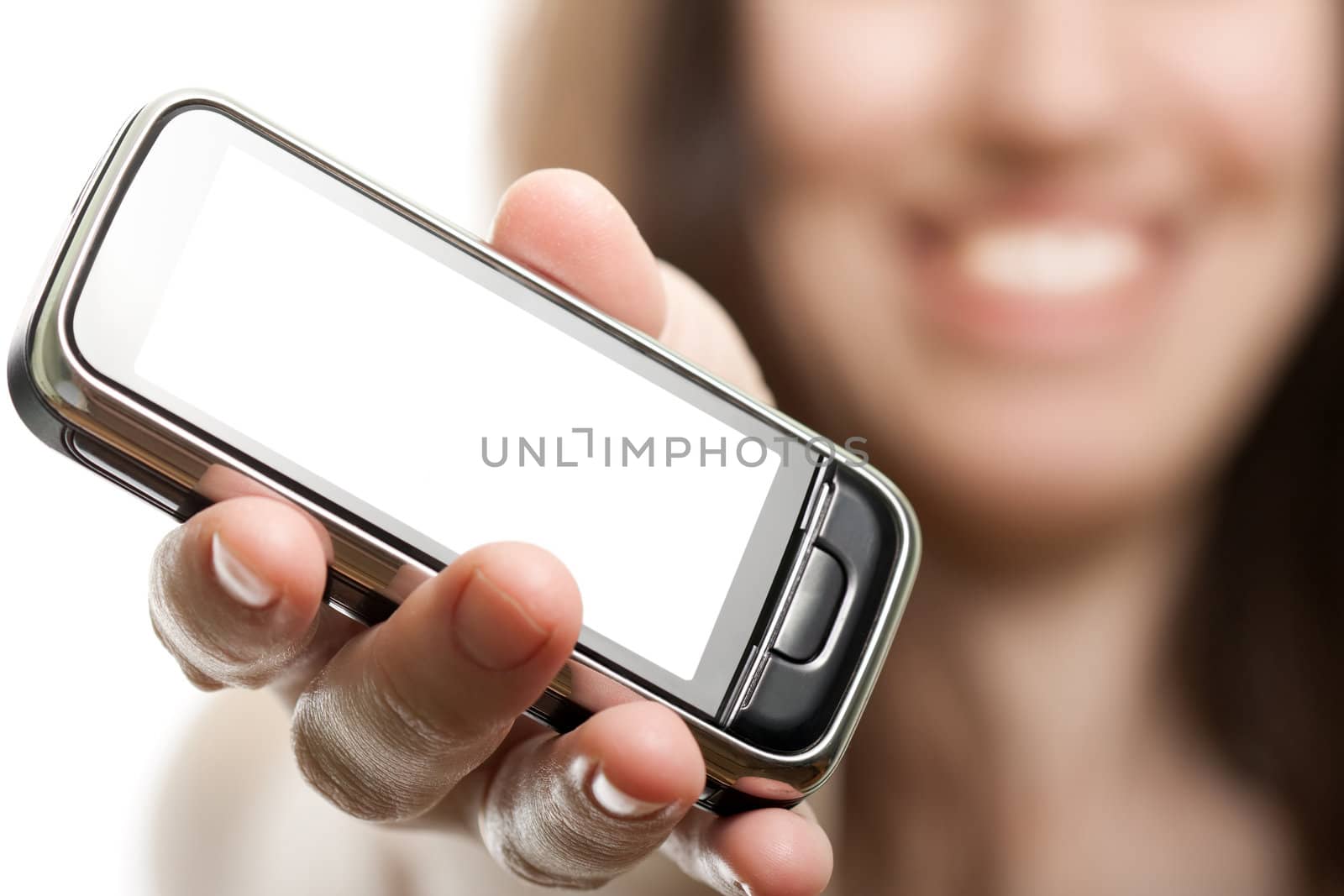 Smiling women holding mobile communication phone