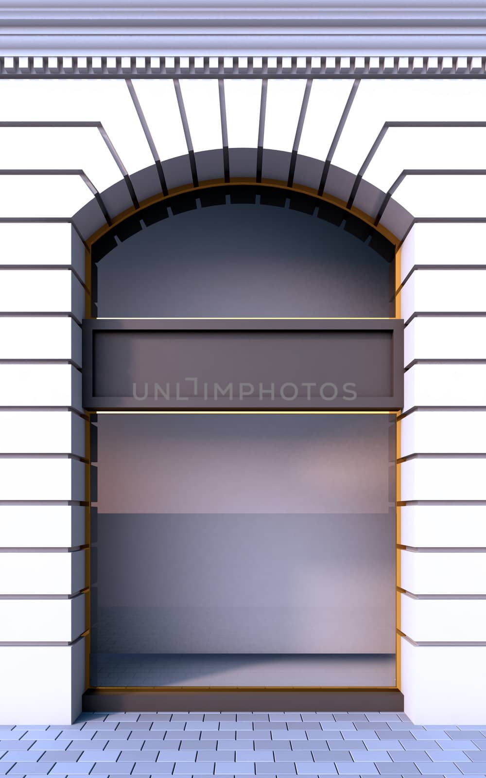 3D illustration of a classical empty storefront with the day lighting.