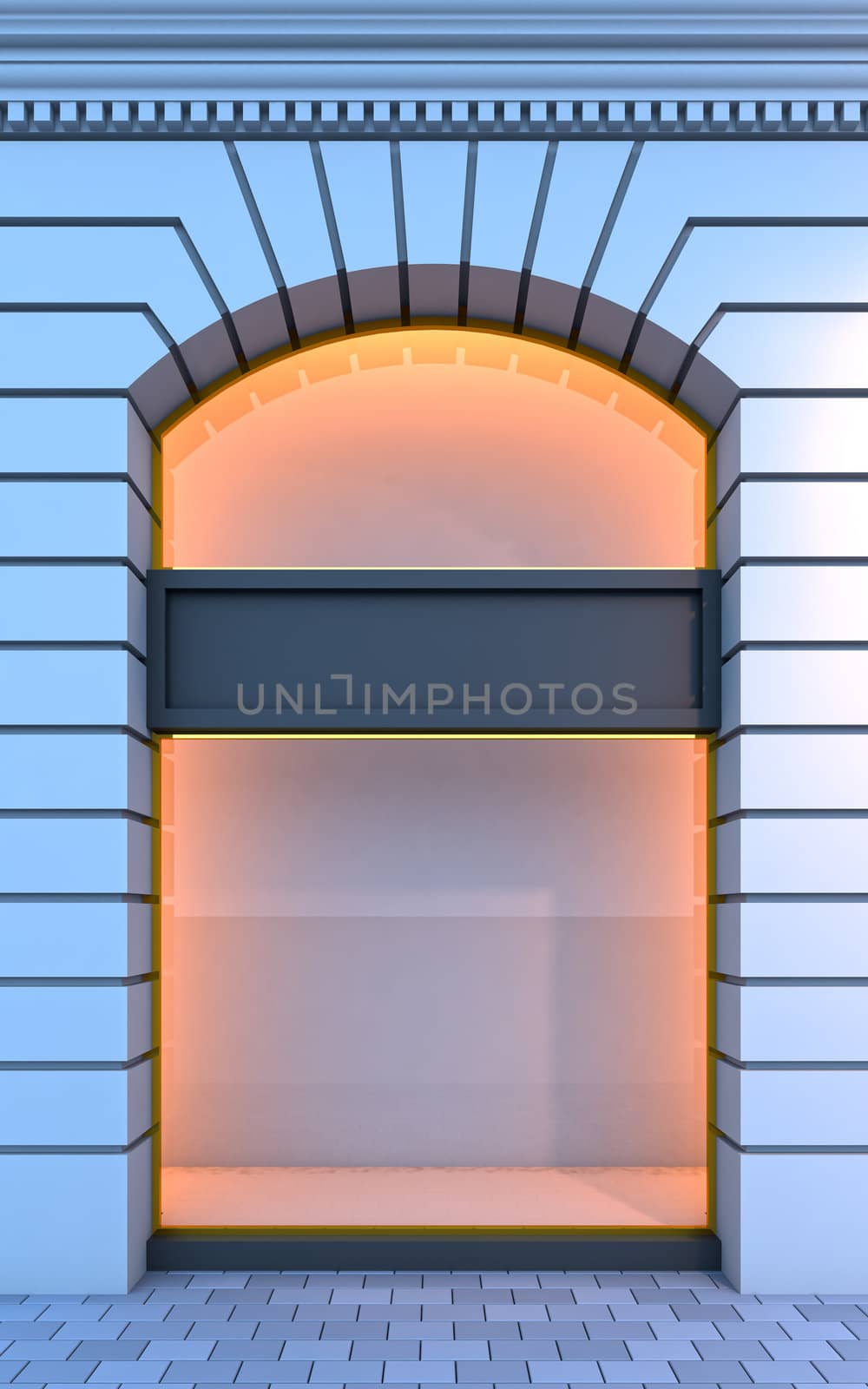 3D illustration of a classical empty storefront with the evening lighting.