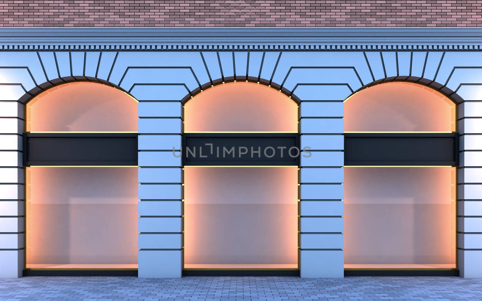 3D illustration of a classical empty storefront with the evening lighting.