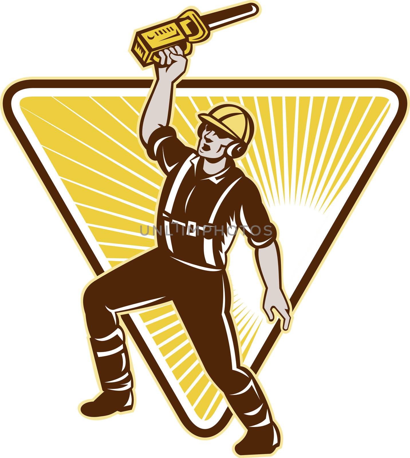 Illustration of an arborist,tree surgeon,tree trimmer or pruner raising up chainsaw with one hand with triangle and sunburst in background done in retro style.
