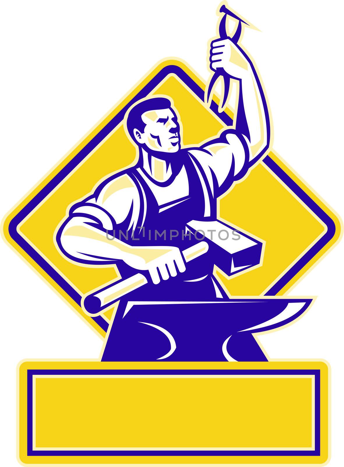 Illustration of a blacksmith holding a hammer and raising up pliers with anvil in front and diamond in background done in retro style.
