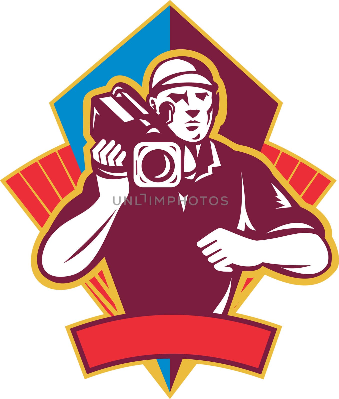 Illustration of a cameraman holding movie camera shooting facing front with shield and sunburst in background done in retro style.
