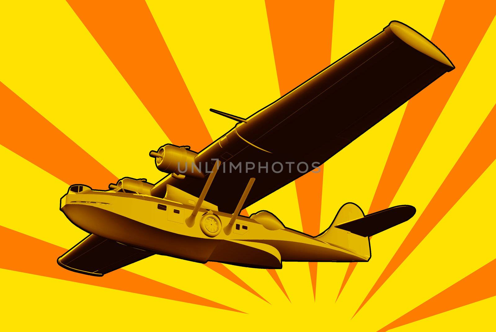 Illustration of  World War two Catalina PBY Flying Boat Sea Plane Retro in full flight done in  retro style.
