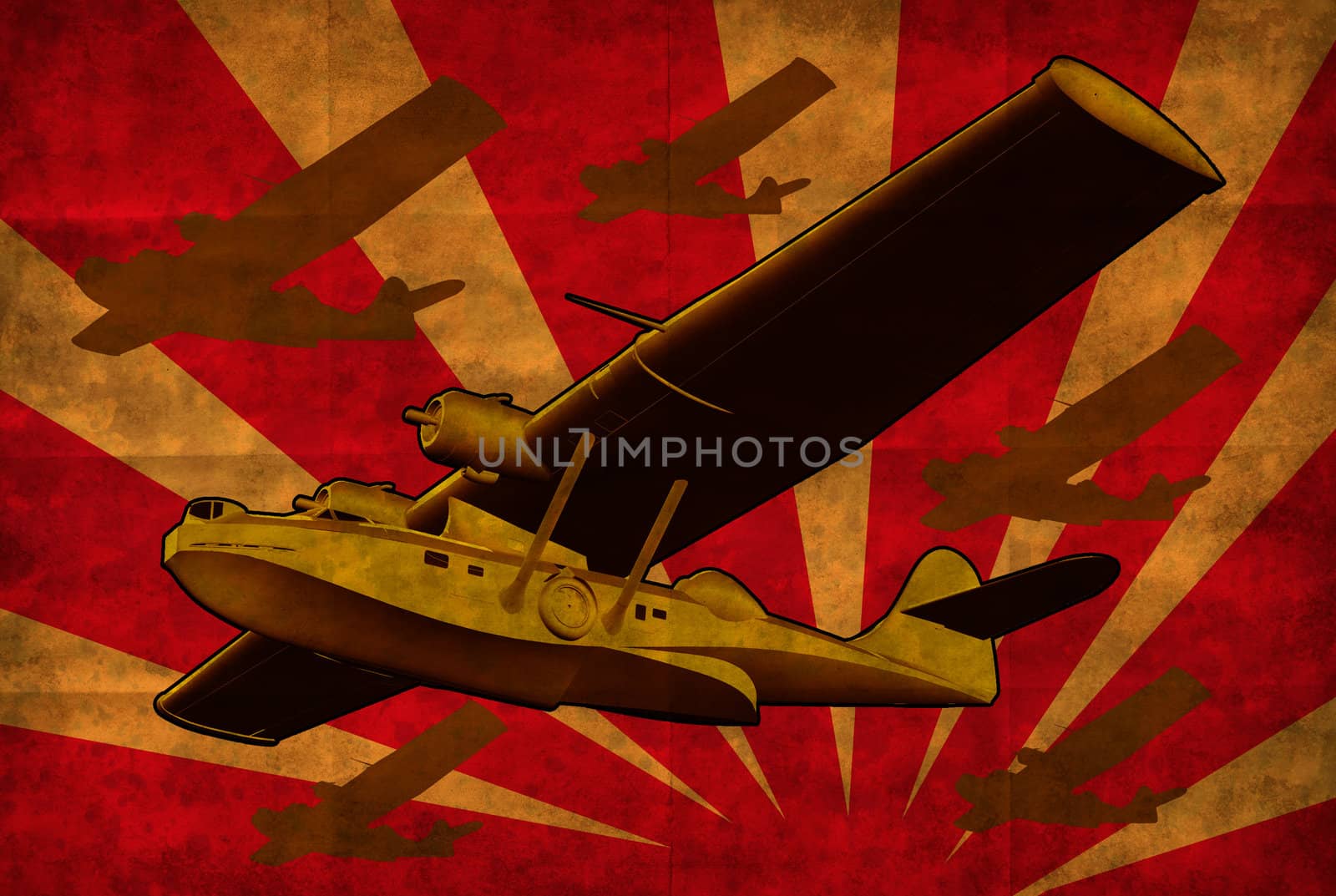 Illustration of  World War two Catalina PBY Flying Boat Sea Plane Retro in full flight done in grunge retro style.
