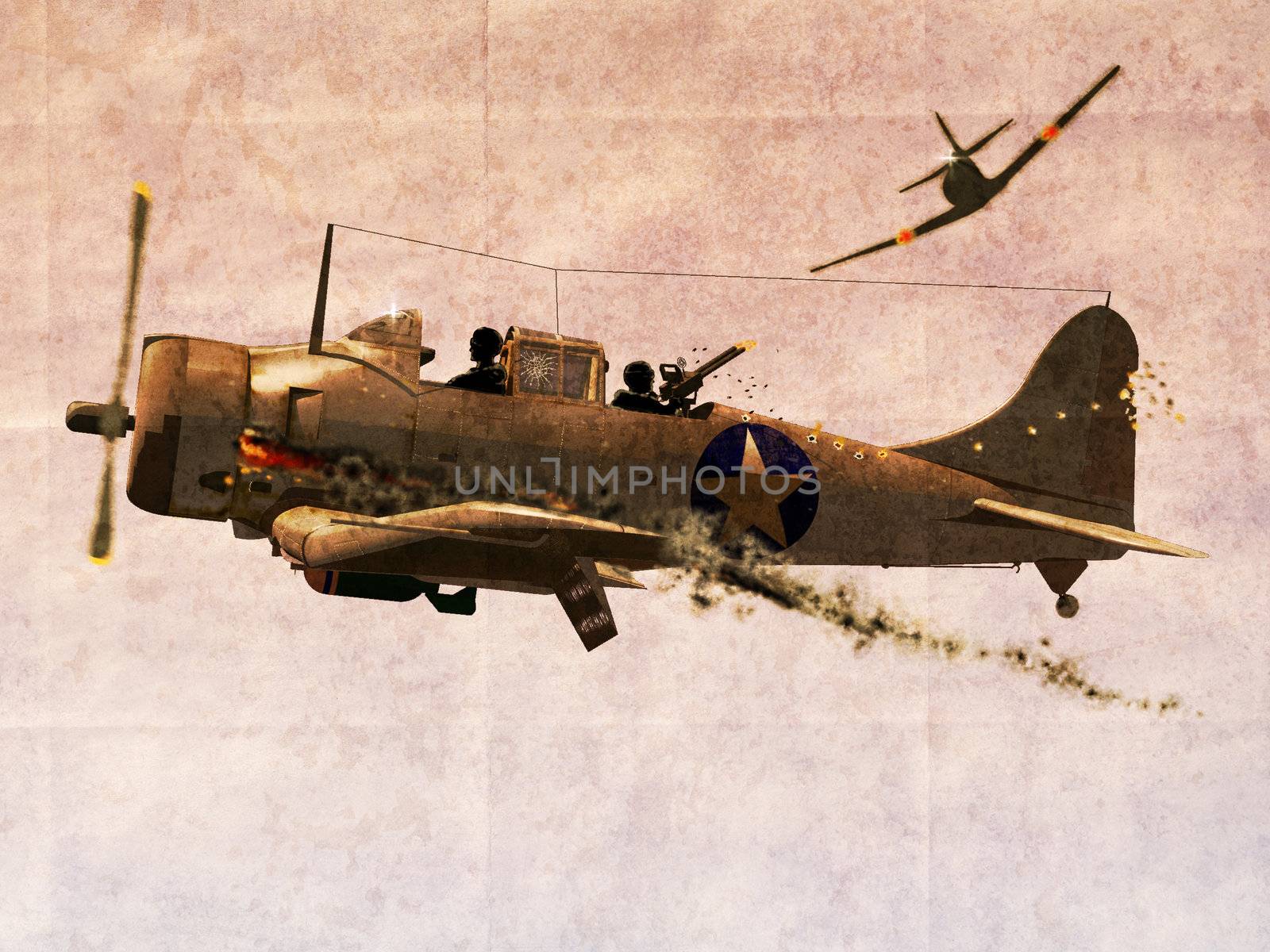Illustration of  World War two Dauntless Dive Bomber Plane engaged in a dogfight on grunge background.