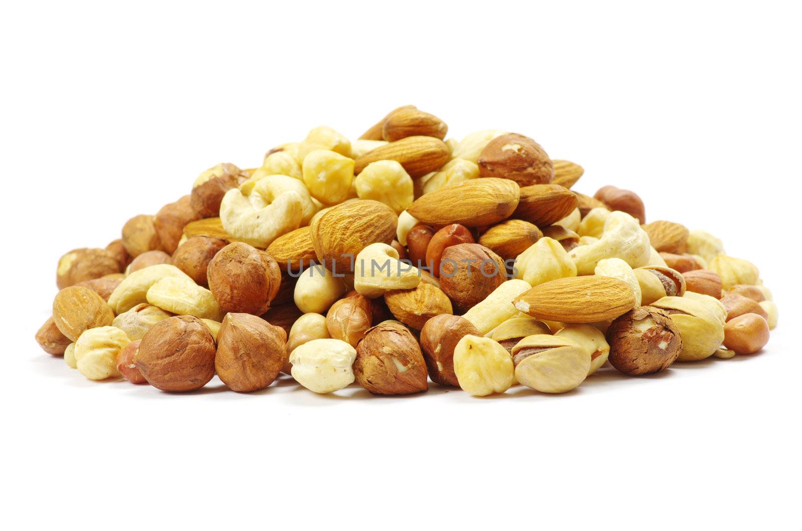 Assorted mixed nuts on white background