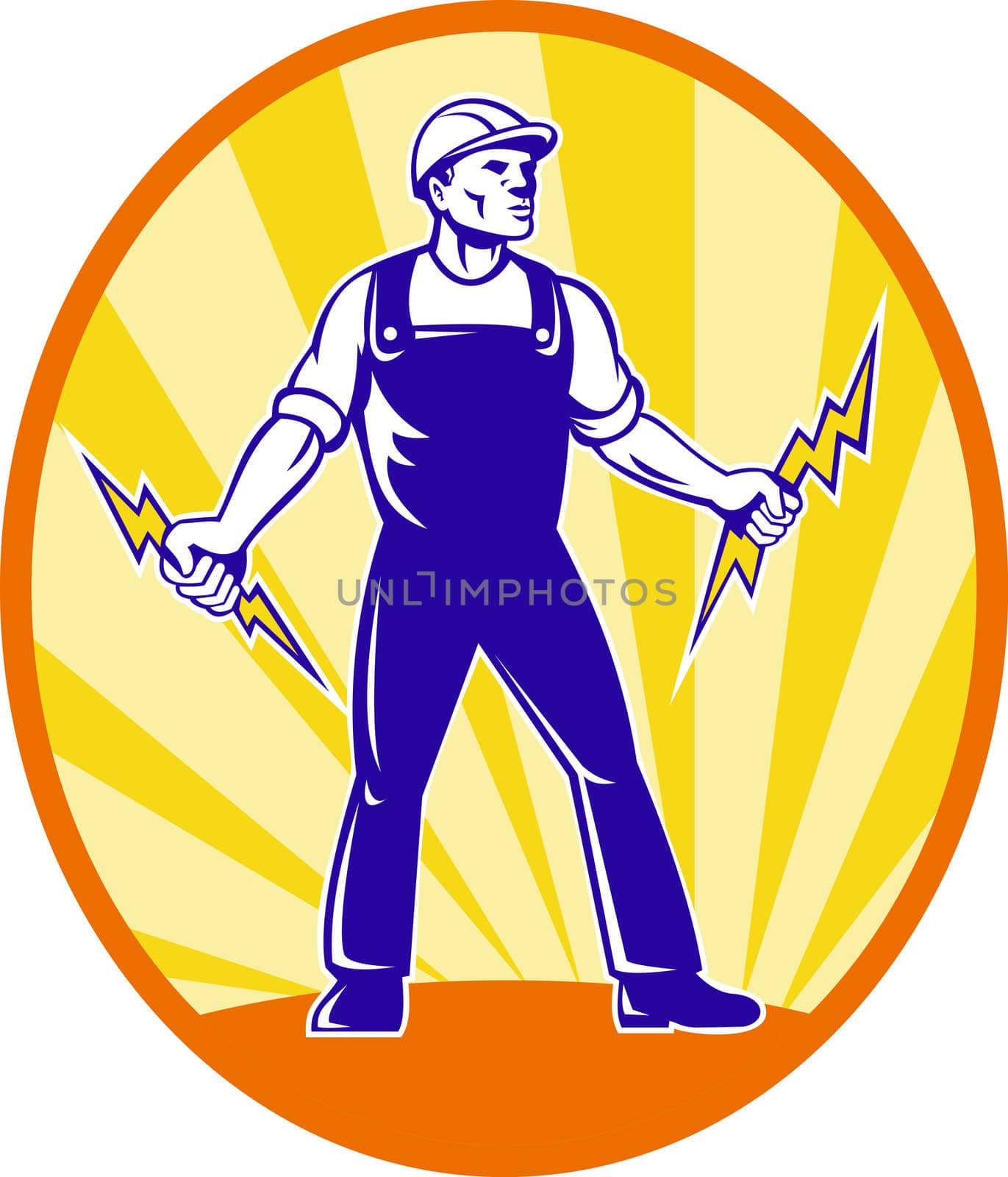 Illustration of  power lineman electrician repairman worker holding electric lightning bolt viewed from front with  sunburst in background set inside ellipse done in retro style.
