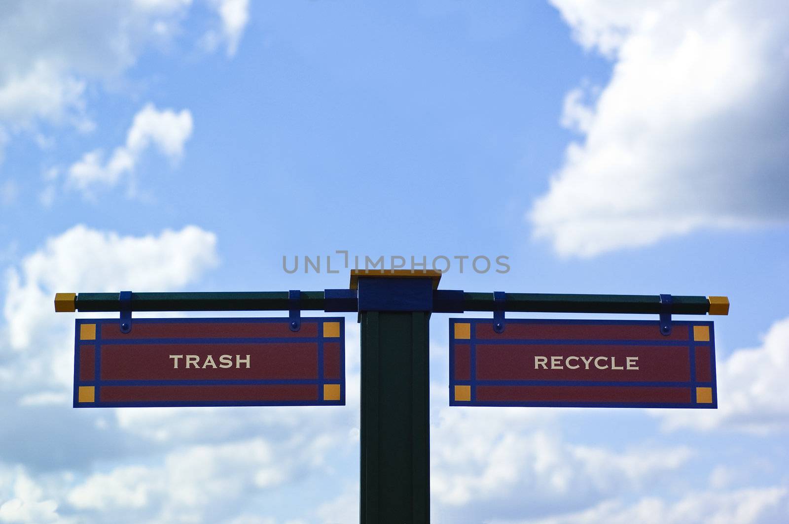 Street sign showing the words trash and recycle