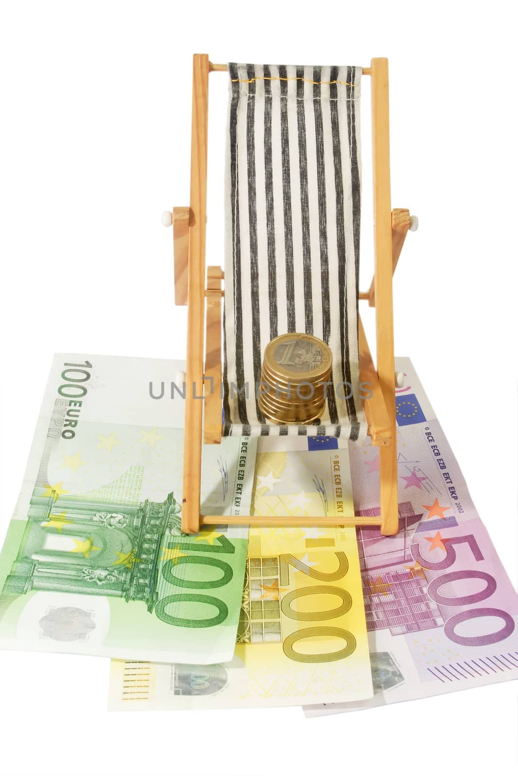 Model of canvas chair and euro coins and banknotes
