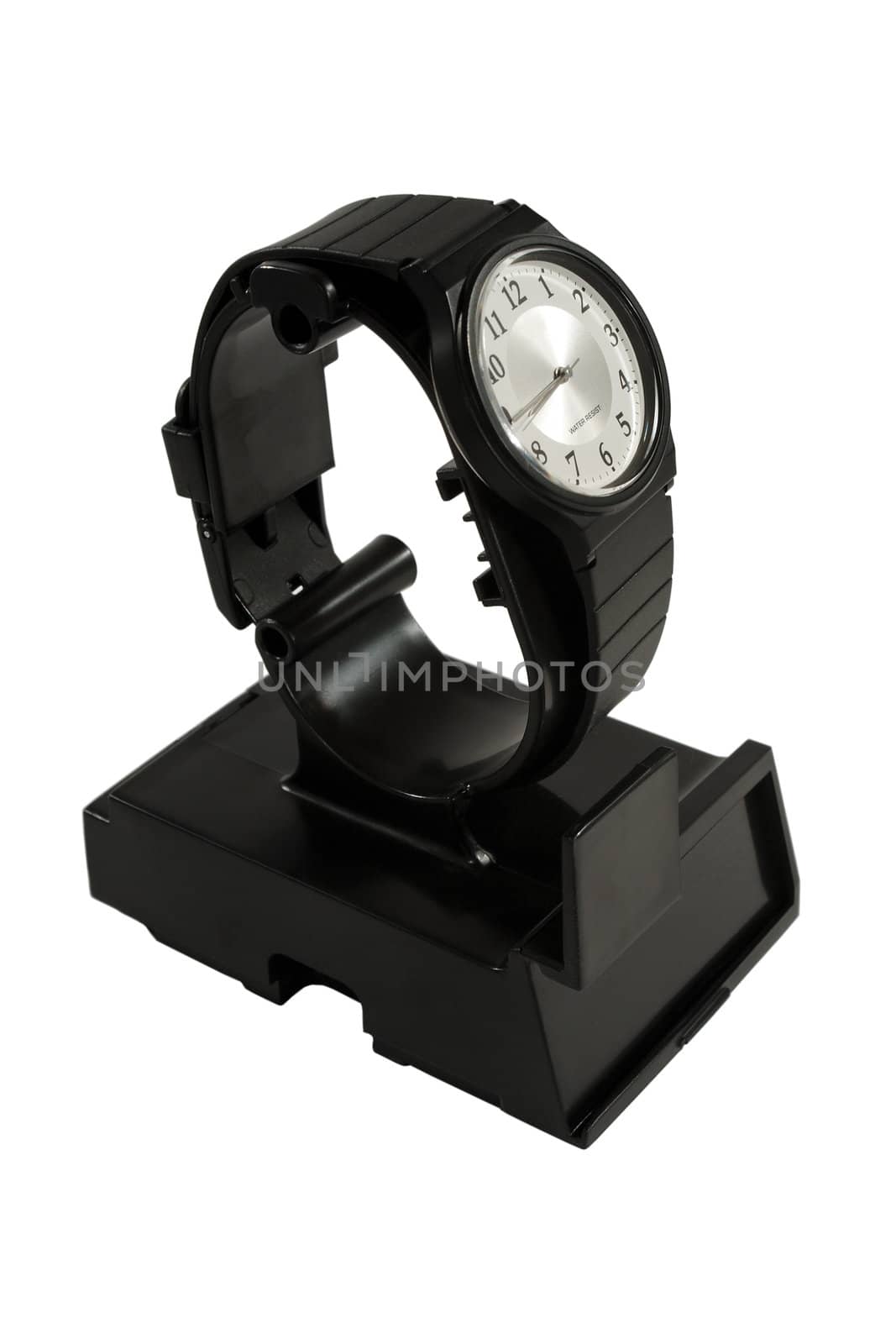 Gents Black Wristwatch On Stand, mounted for display isolated on white.