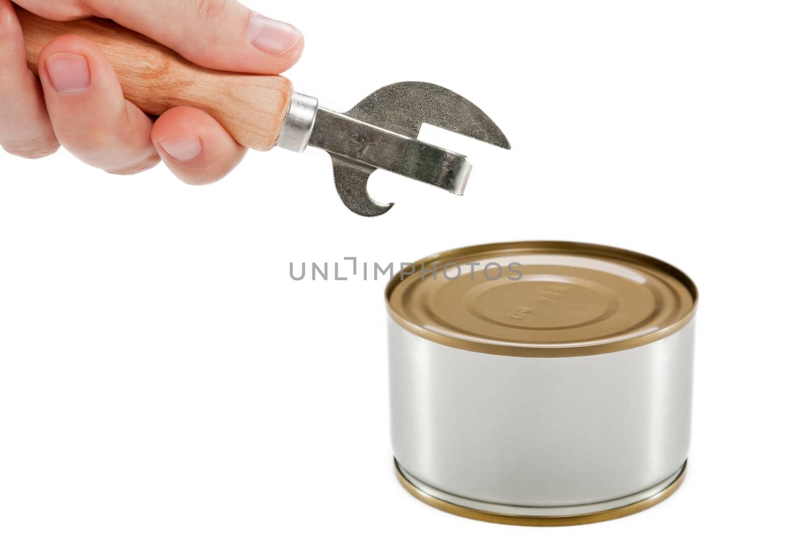 Hand holding canned preserved food metal can opener