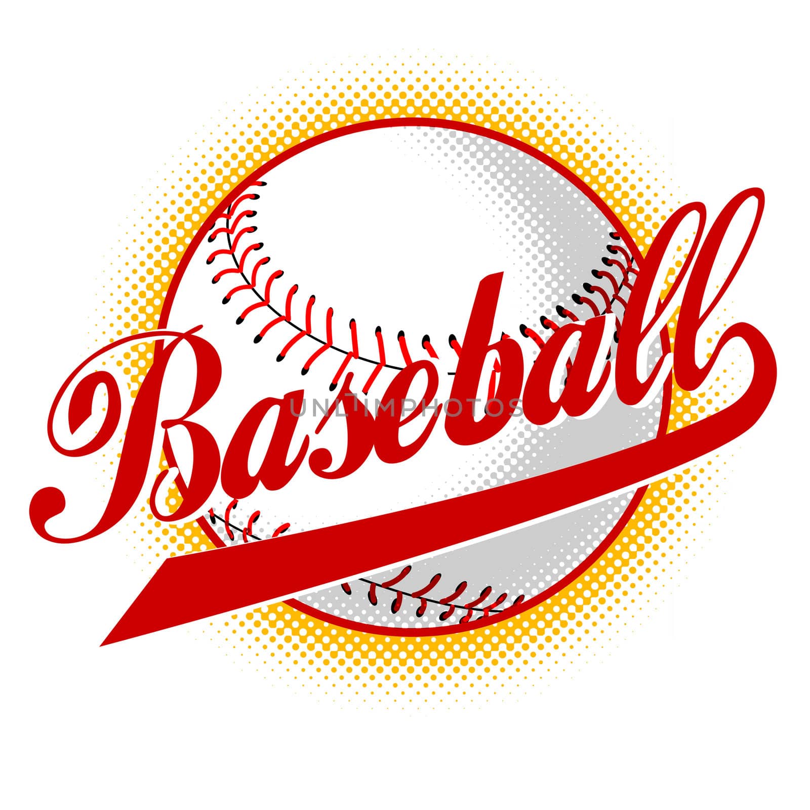 Illustration of a baseball ball with halftone dots in background on isolated background with words baseball