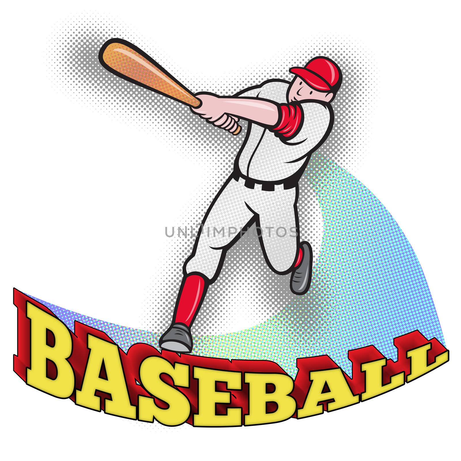 illustration of a baseball player batting cartoon style isolated on white with words Baseball