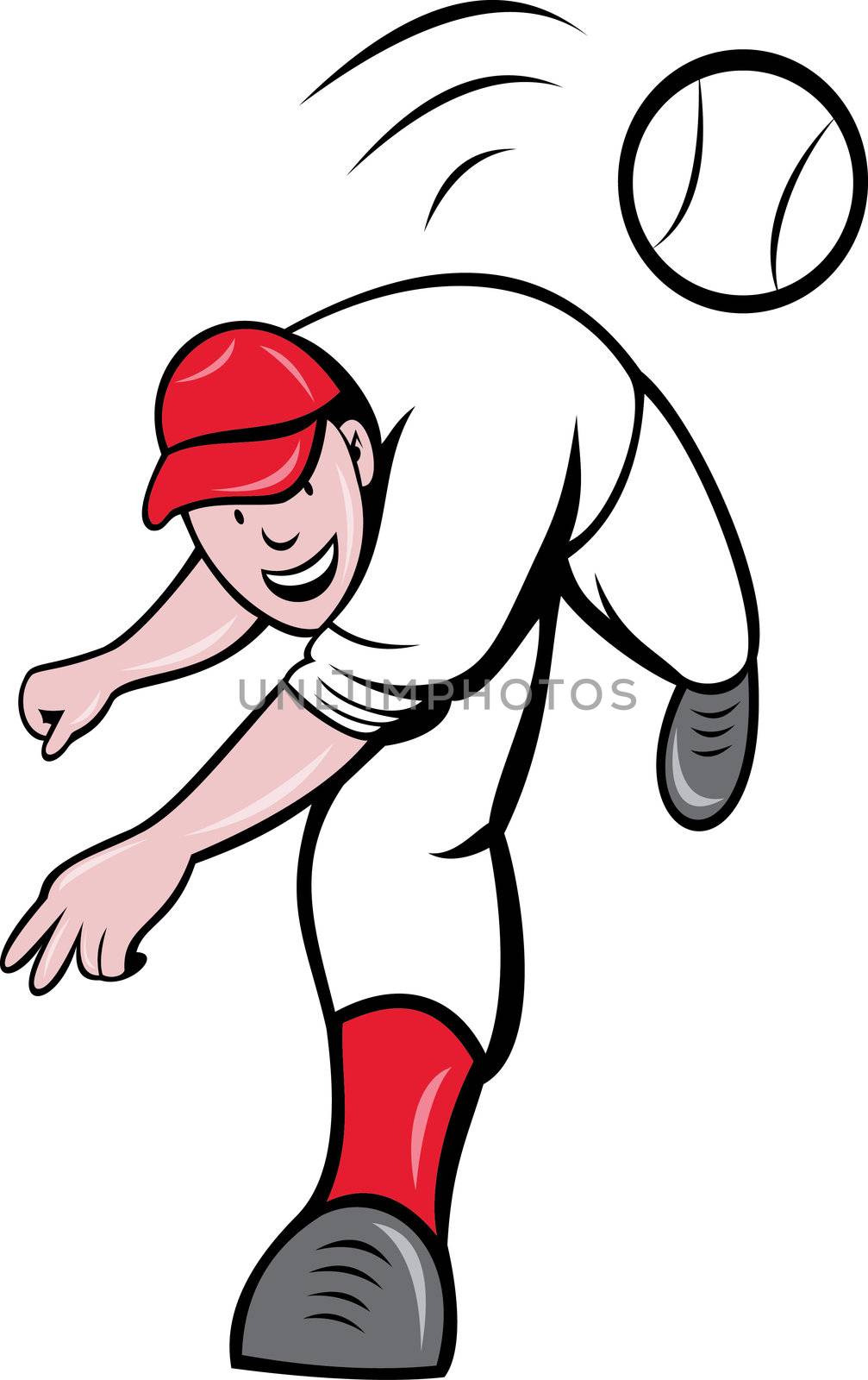 illustration of a baseball player pitcher throwing ball cartoon style isolated on white