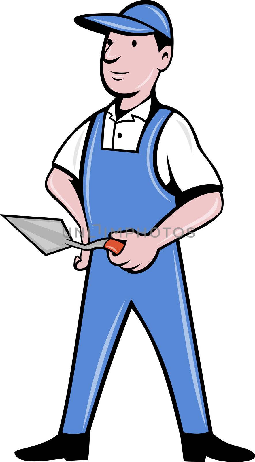 illustration of a Brick layer, mason or plasterer worker holding a trowel standing on isolated background done in cartoon  style